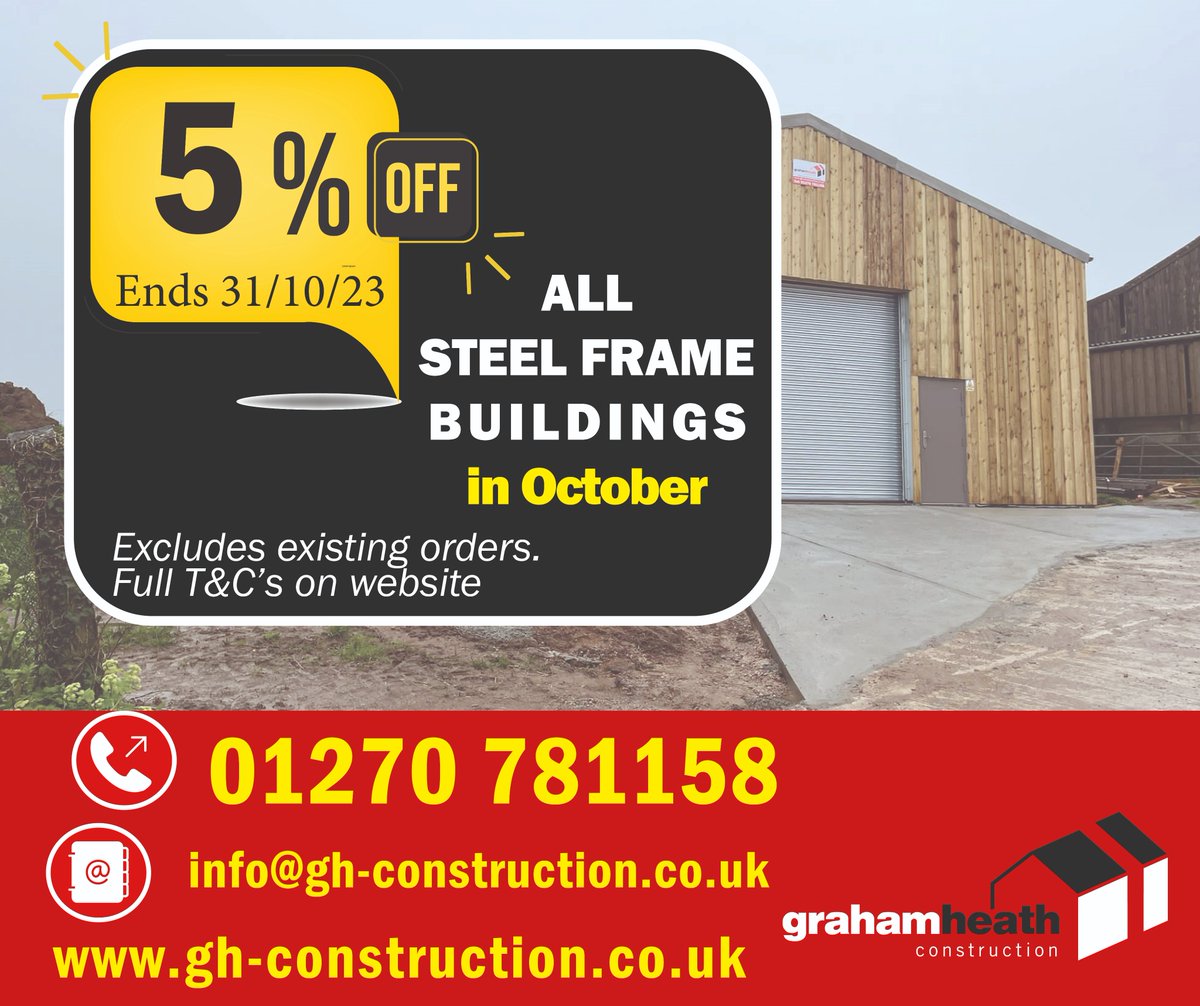🍂AUTUMN OFFER🍂
⭐5% OFF ALL orders of Steel Frame Buildings during October.⭐
Whether you are looking for an Agricultural, Equestrian or Industrial building be sure to act now to get the best price. 
Get in touch today for your free quote:
📞01270 781158
T&amp;C's apply