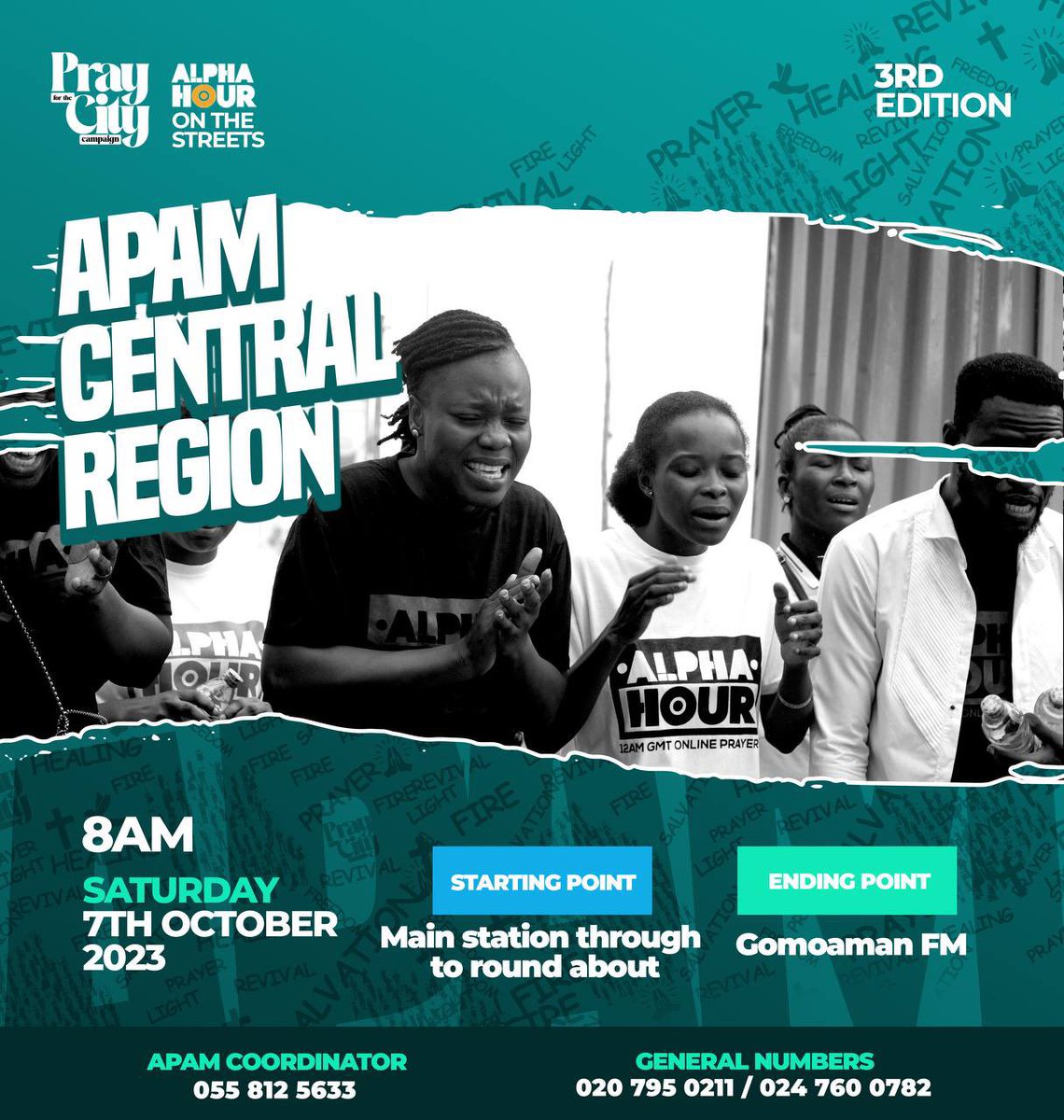 REAgyemang's tweet photo. PRAY FOR THE CITY CAMPAIGN

Join the team in your locality for the 3rd Edition of the Pray For The City Campaign happening this Saturday, October 7, 2023.

    *_1️⃣CENTRAL REGION_*

    📌ZONE ONE (1)
        1. *KASOA*
Starting Point: Kasoa Overhead Bridge
End Point: Kakraba Junction (KFC)
     
    📌ZONE TWO(2)
       2. *CAPE COAST*
Starting Point: Pedu Goil filling Station 
Ending Point: Acquarium

     📌ZONE THREE(3)
        3. *APAM*
Starting Point: Main Station through to the roundabout.
Ending Point: Gomoaman FM

         *_2️⃣WESTERN REGION*_

           📌ZONE ONE(1)
            1. *TAKORADI*
Starting Point: Paa Grant RoundAbout 
Ending Point: Accra Station

            📌ZONE TWO(2)
             2. *TARKWA*
 Starting Point: UMAT
 Ending Point: Commercial Bank

           📌ZONE THREE(3)
           3. *AXIM*
Starting Point: VICTORIA PARK
Ending Point: HOSPITAL JUNCTION

         _*3️⃣GREATER ACCRA*_

           📌ZONE ONE(1)
            1. *ACCRA AREA 1 ADENTA*
Starting Point: Madina Ken City forecourt 
Ending Point: Madina Market

           📌ZONE TWO(2)
          2. *ACCRA AREA 2* 
Starting Point: Achimota Old Station 
Ending Point: Abrantie Spot Area.

          📌ZONE THREE(3)
          3. *ACCRA AREA 3*
Starting Point: Kwabenya Roundabout 
Ending Point: Haatso Total 

          📌ZONE FOUR(4)
          4. *TEMA AREA*
Starting Point: Kpone Barrier 
Ending Point: Savannah Juncton

          📌ZONE FIVE(5)
         5. TESHIE/NUNGUA
Starting Point: Teshie/Nungua Police Station.
_Ending Point:_ Nungua Junction Mall

        📌ZONE SIX(6)
          6. *ACCRA AREA 4*
_Starting Point:_ The blood of Jesus Redemption Min. Forecourt(CHANTAN)
_Ending Point:_ Lapaz 

      📌ZONE SEVEN(7)
       7. *ACCRA AREA 5*
   _Starting Point:_ Agbeve Hospital Sowutuom last stop
_Ending Point:_ Kwashieman Trinity Presby Church.

          *4️⃣ASHANTI REGION*

             📌ZONE ONE(1)
            1. *KUMASI AREA 1*
Starting Point: Abrepo Junction 
Ending Point: Sofoline 

          📌ZONE TWO(2)
         2. *KUMASI AREA 2*
Starting Point: Kwamo Station
Ending Point: Fumesua Station

           📌ZONE THREE(3)
          3. *KUMASI AREA 3*
Starting Point: Pankrono Methodist 
Ending Point: Pankrono Estate Junction.

          📌ZONE FOUR(4)
          4. *KUMASI AREA 4*
Starting Point: KNUST Junction
Ending Point: Oforikrom

         📌ZONE FIVE(5)
       5. *KUMASI-KONONGO AREA 5*
Starting Point: Duapa Fm forecourt 
Ending Point: Nyaboo School Park

        📌ZONE SIX(6)
       6. *KUMASI-ABUAKWA AREA 6*
Starting Point: Manhyia IBM Filling Station
Ending Point: Abuakwa Station 

         *5️⃣EASTERN REGION*
 
               📌ZONE ONE(1)
           1. *KOFORIDUA*
Starting Point: Melcom Junction
Ending Point: Prison Park

             📌ZONE TWO(2)
            2. *SOMANYA*
Starting Point: Somanya Community Center 
Ending Point: Somanya Roman Catholic School(Akuse Road)

          📌ZONE THREE(3)
          3. *ODA*
Starting Point: StopOver
Ending Point: Mobil 

      *6️⃣NORTHERN REGION*

          📌ZONE ONE(1)
           1. *TAMALE*
Starting Point: Jubilee Park
Ending Point: Dabokpa Technical Institute 

         📌ZONE TWO(2)
          2.    *YENDI*
Starting Point: Hospital 
Ending Point: NDC Party Office

        *7️⃣ UPPER WEST-WA*
           
            📌ZONE ONE(1)
               *WA*
Starting Point: Prisons
Ending Point: Kambale RoundAbout 

         *8️⃣WESTERN NORTH*

            📌ZONE ONE(1)
             *SEFWI JUABOSO*
Starting Point: Police Station through GNTC
Ending Point: VIP Bus Stop

     *9️⃣BONO EAST REGION*

         📌ZONE ONE(1)
            *TECHIMAN*
Starting Point: Holy Family Main Gate(through to Ahmadiyya road to Ameyaw Park)
Ending Point: Methodist Park

           *🔟VOLTA REGION*

              📌ZONE ONE(1)
              * SOGAKOPE*
Starting Point: Opposite Jehovah Witness 
Ending Point: Sogakope Barrier

#AlphaHour #AlphaHourWithPastorElvis #PastorElvis #LadyMercyAgyemangElvis  #PrayForTheCityCampaign