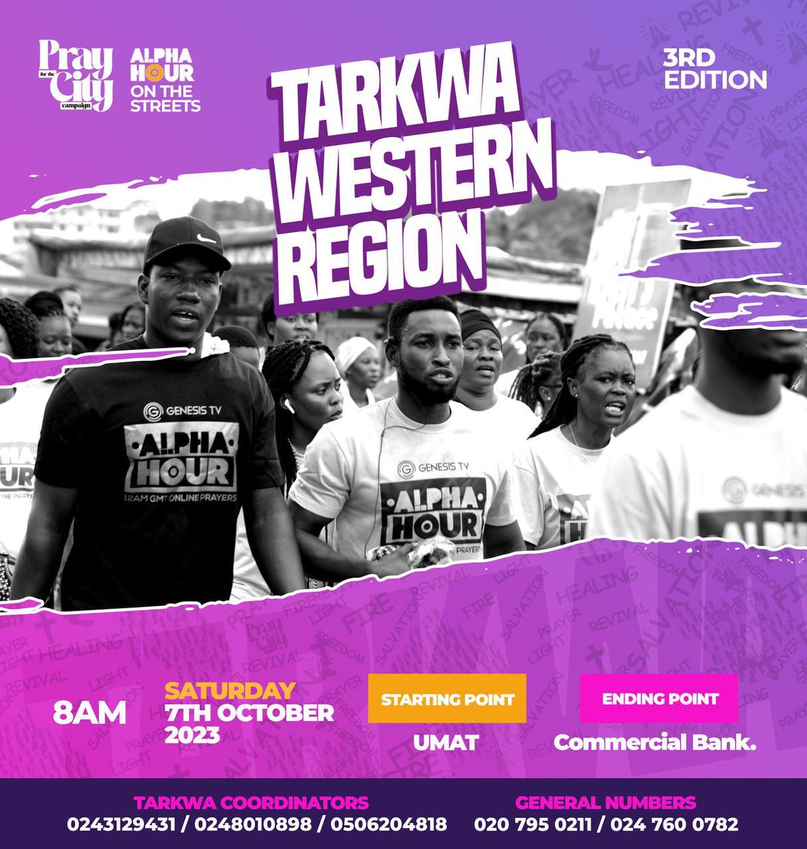 REAgyemang's tweet photo. PRAY FOR THE CITY CAMPAIGN

Join the team in your locality for the 3rd Edition of the Pray For The City Campaign happening this Saturday, October 7, 2023.

    *_1️⃣CENTRAL REGION_*

    📌ZONE ONE (1)
        1. *KASOA*
Starting Point: Kasoa Overhead Bridge
End Point: Kakraba Junction (KFC)
     
    📌ZONE TWO(2)
       2. *CAPE COAST*
Starting Point: Pedu Goil filling Station 
Ending Point: Acquarium

     📌ZONE THREE(3)
        3. *APAM*
Starting Point: Main Station through to the roundabout.
Ending Point: Gomoaman FM

         *_2️⃣WESTERN REGION*_

           📌ZONE ONE(1)
            1. *TAKORADI*
Starting Point: Paa Grant RoundAbout 
Ending Point: Accra Station

            📌ZONE TWO(2)
             2. *TARKWA*
 Starting Point: UMAT
 Ending Point: Commercial Bank

           📌ZONE THREE(3)
           3. *AXIM*
Starting Point: VICTORIA PARK
Ending Point: HOSPITAL JUNCTION

         _*3️⃣GREATER ACCRA*_

           📌ZONE ONE(1)
            1. *ACCRA AREA 1 ADENTA*
Starting Point: Madina Ken City forecourt 
Ending Point: Madina Market

           📌ZONE TWO(2)
          2. *ACCRA AREA 2* 
Starting Point: Achimota Old Station 
Ending Point: Abrantie Spot Area.

          📌ZONE THREE(3)
          3. *ACCRA AREA 3*
Starting Point: Kwabenya Roundabout 
Ending Point: Haatso Total 

          📌ZONE FOUR(4)
          4. *TEMA AREA*
Starting Point: Kpone Barrier 
Ending Point: Savannah Juncton

          📌ZONE FIVE(5)
         5. TESHIE/NUNGUA
Starting Point: Teshie/Nungua Police Station.
_Ending Point:_ Nungua Junction Mall

        📌ZONE SIX(6)
          6. *ACCRA AREA 4*
_Starting Point:_ The blood of Jesus Redemption Min. Forecourt(CHANTAN)
_Ending Point:_ Lapaz 

      📌ZONE SEVEN(7)
       7. *ACCRA AREA 5*
   _Starting Point:_ Agbeve Hospital Sowutuom last stop
_Ending Point:_ Kwashieman Trinity Presby Church.

          *4️⃣ASHANTI REGION*

             📌ZONE ONE(1)
            1. *KUMASI AREA 1*
Starting Point: Abrepo Junction 
Ending Point: Sofoline 

          📌ZONE TWO(2)
         2. *KUMASI AREA 2*
Starting Point: Kwamo Station
Ending Point: Fumesua Station

           📌ZONE THREE(3)
          3. *KUMASI AREA 3*
Starting Point: Pankrono Methodist 
Ending Point: Pankrono Estate Junction.

          📌ZONE FOUR(4)
          4. *KUMASI AREA 4*
Starting Point: KNUST Junction
Ending Point: Oforikrom

         📌ZONE FIVE(5)
       5. *KUMASI-KONONGO AREA 5*
Starting Point: Duapa Fm forecourt 
Ending Point: Nyaboo School Park

        📌ZONE SIX(6)
       6. *KUMASI-ABUAKWA AREA 6*
Starting Point: Manhyia IBM Filling Station
Ending Point: Abuakwa Station 

         *5️⃣EASTERN REGION*
 
               📌ZONE ONE(1)
           1. *KOFORIDUA*
Starting Point: Melcom Junction
Ending Point: Prison Park

             📌ZONE TWO(2)
            2. *SOMANYA*
Starting Point: Somanya Community Center 
Ending Point: Somanya Roman Catholic School(Akuse Road)

          📌ZONE THREE(3)
          3. *ODA*
Starting Point: StopOver
Ending Point: Mobil 

      *6️⃣NORTHERN REGION*

          📌ZONE ONE(1)
           1. *TAMALE*
Starting Point: Jubilee Park
Ending Point: Dabokpa Technical Institute 

         📌ZONE TWO(2)
          2.    *YENDI*
Starting Point: Hospital 
Ending Point: NDC Party Office

        *7️⃣ UPPER WEST-WA*
           
            📌ZONE ONE(1)
               *WA*
Starting Point: Prisons
Ending Point: Kambale RoundAbout 

         *8️⃣WESTERN NORTH*

            📌ZONE ONE(1)
             *SEFWI JUABOSO*
Starting Point: Police Station through GNTC
Ending Point: VIP Bus Stop

     *9️⃣BONO EAST REGION*

         📌ZONE ONE(1)
            *TECHIMAN*
Starting Point: Holy Family Main Gate(through to Ahmadiyya road to Ameyaw Park)
Ending Point: Methodist Park

           *🔟VOLTA REGION*

              📌ZONE ONE(1)
              * SOGAKOPE*
Starting Point: Opposite Jehovah Witness 
Ending Point: Sogakope Barrier

#AlphaHour #AlphaHourWithPastorElvis #PastorElvis #LadyMercyAgyemangElvis  #PrayForTheCityCampaign