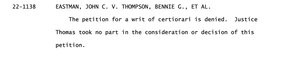 BREAKING: The Supreme Court has *denied* John Eastman's effort to vacate the court rulings that resulted in his emails going to the Jan. 6 select committee. Most notable? Clarence Thomas (the subject of some key Eastman emails) recused.