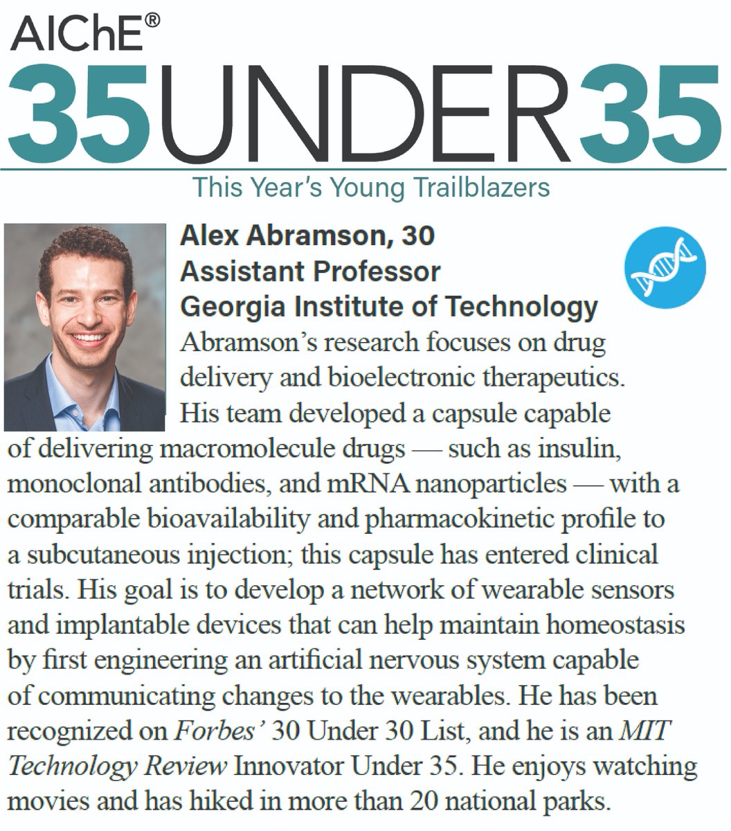 It's an honor to be named as one of the Top 35 Trailblazing Chemical Engineers under 35 this year by AIChE <a href="/ChEnected/">American Institute of Chemical Engineers (AIChE)</a>. Congratulations to all of the other winners! chbe.gatech.edu/news/2023/10/a…