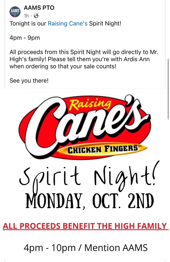kaearly08's tweet photo. If you’re able and needing dinner, please show your support for the High Family tonight at the Bentonville Cane’s! https://t.co/3AtWRaYUSz