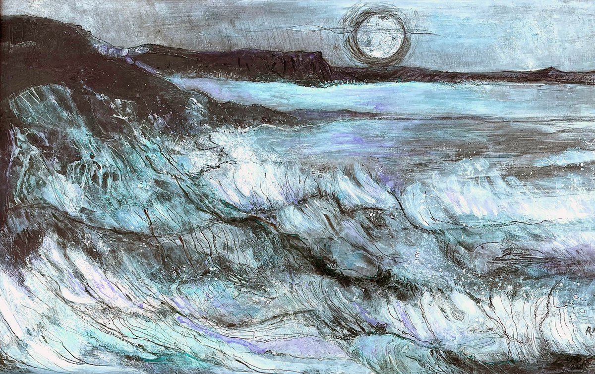 RuthMcDonald1's tweet photo. Just finished a textured piece called "Coastal Erosion" 
- it is graphite &amp; mixed media on a gesso panel with added silver leaf - it will be shown at the Collyer Fergusson Gallery @UniKent in @UniKent_Music forthcoming concerts in Oct/Nov
#drawing #seascape #moonlight #music #art https://t.co/Fs60RrjsKj