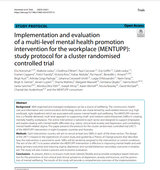 *New publication* Several NSRF researchers are co-authors on a protocol paper in @BMC_series led by Prof Ella Arensman! Results of this study will provide a comprehensive overview of the implementation & effectiveness of the @eu_mentupp intervention: tinyurl.com/2rd3h3zx