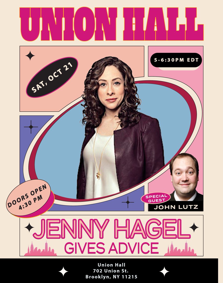 jennyhagel's tweet photo. Come to @unionhallny on Sat 10/21 at 5pm to watch me and @ShutupLutz  give REAL audience members advice on their REAL problems! Then a REAL therapist will come on stage and tell us if we messed up! https://t.co/3qYreer0aO