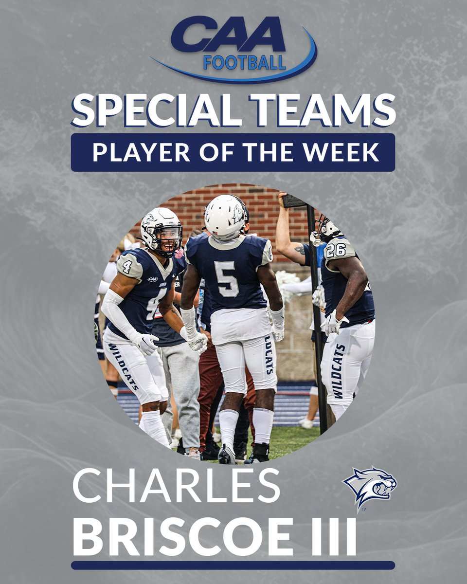 🏈 #CAAFB Special Teams Player of the Week Charles Briscoe blocked two punts, recovered one for a touchdown and forced a fumble in @UNH_Football's 54-51 overtime loss to Towson 📰 bit.ly/46ut4Fx