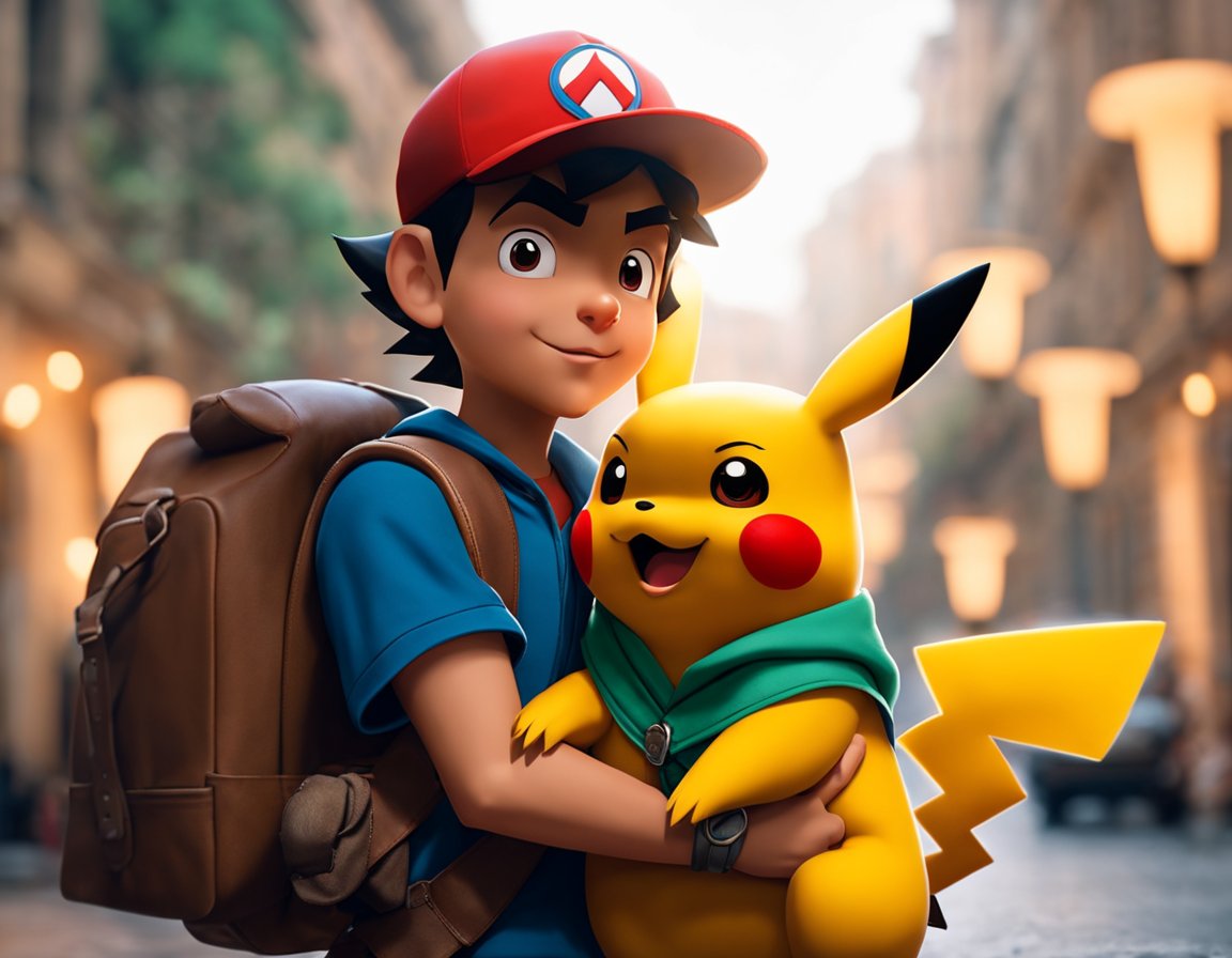 RelativeBrain's tweet image. Garoto genérico de boné andando com um rato amarelo #stablediffusionXL