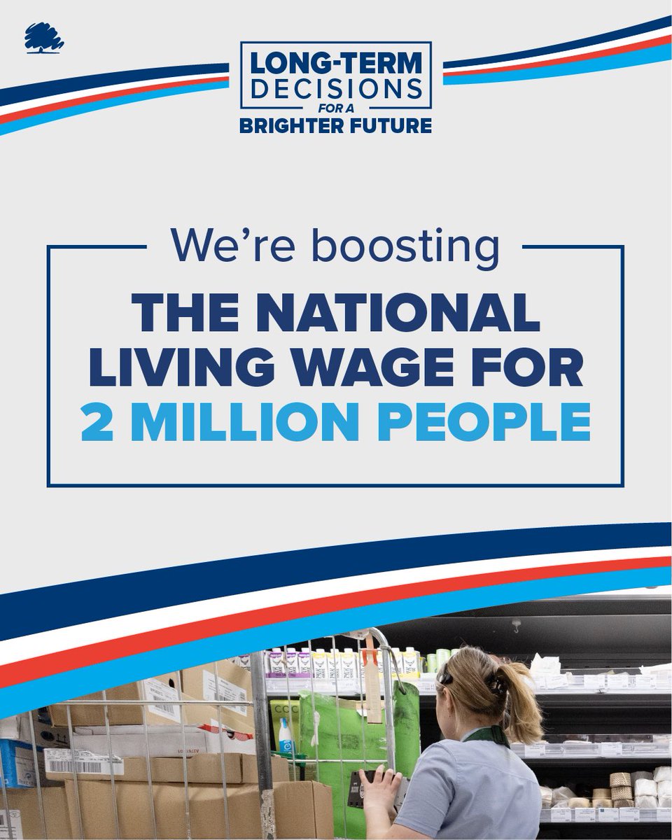 RishiSunak's tweet photo. Today @Jeremy_Hunt announced that this Conservative Government will give a wage boost to over two million of the UK’s lowest paid people.

For a full-time worker on the National Living Wage this boost is worth over £1,000 next year. https://t.co/GQa46dArw9