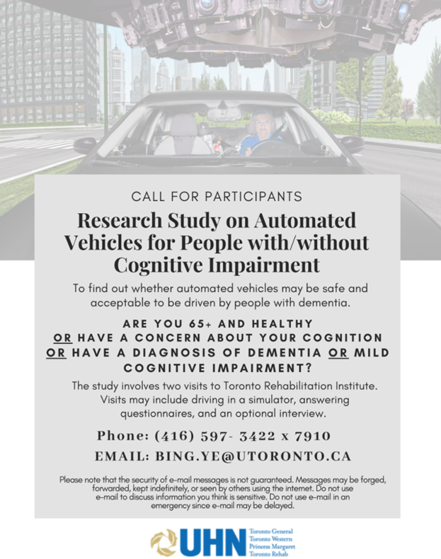 Are you an individual 65+ and curious about self-driving cars' usability for older adults, with or without #dementia? 🚗 Join our #AutomatedVehicles study at @TorontoRehab. See the flyer below or learn more here: 👉mive.ca/automatedcars-…