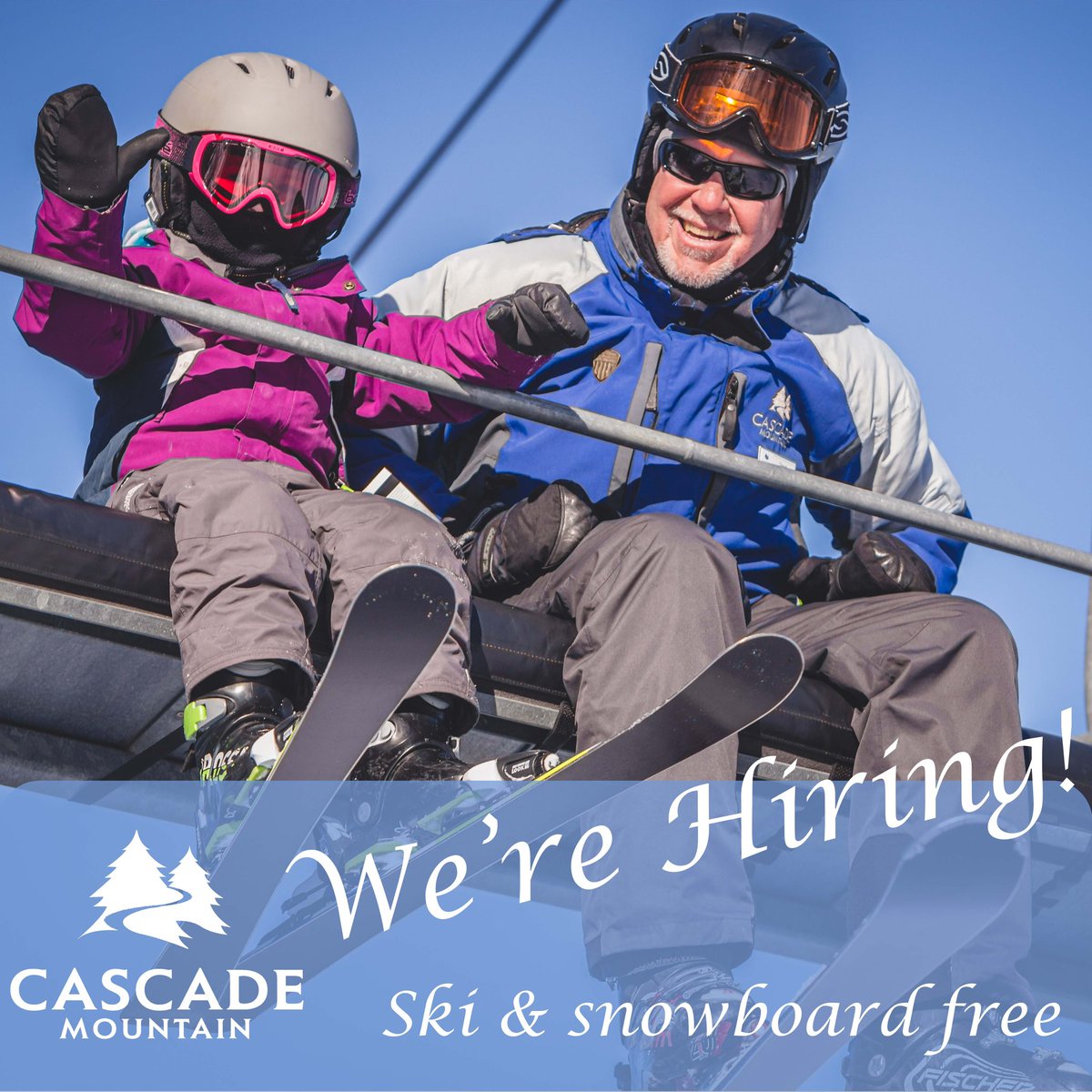 CascadeMountain's tweet photo. Join our team for the winter season! We're looking to fill both full and part time positions with starting wages as high as $19/hour, no experience needed! Enjoy benefits like a free season pass, free use of rental equipment, plus food and retail discounts! https://t.co/6lUzQz76uz