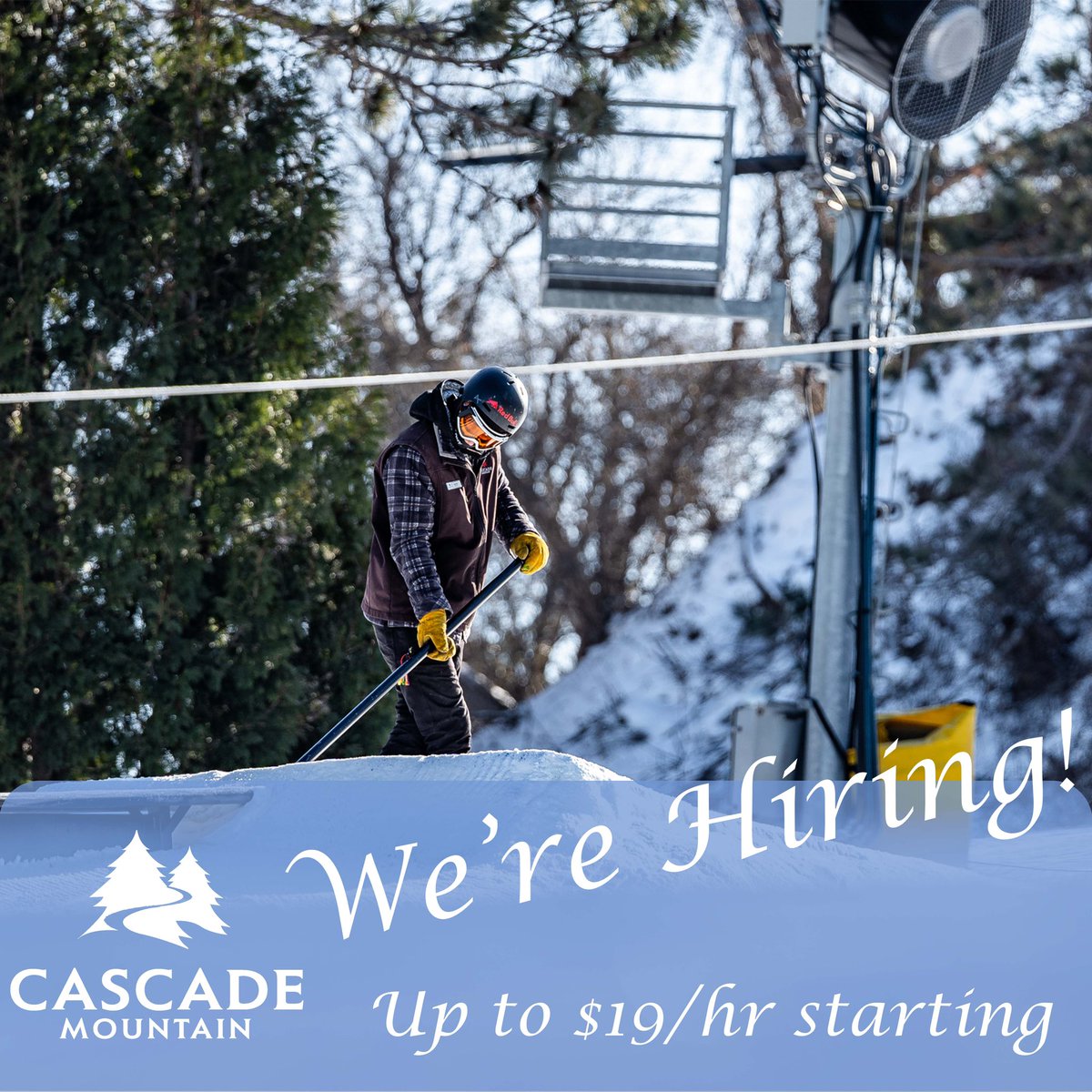 CascadeMountain's tweet photo. Join our team for the winter season! We're looking to fill both full and part time positions with starting wages as high as $19/hour, no experience needed! Enjoy benefits like a free season pass, free use of rental equipment, plus food and retail discounts! https://t.co/6lUzQz76uz