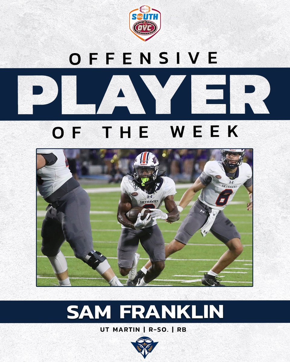 OVC-Big South Football Association (@bigsouthovcfb) on Twitter photo He rushed 20 times for 1⃣3⃣2⃣ yards, his 4TH-STRAIGHT 100+ yard rushing game of the season 🔥
<a href="/UTM_FOOTBALL/">UT Martin Football</a>'s <a href="/Samuel2Franklin/">Samuel Franklin</a> is the #BigSouthOVCFB Offensive Player of the Week! He rushed 20 times for 1⃣3⃣2⃣ yards, his 4TH-STRAIGHT 100+ yard rushing game of the season 🔥
<a href="/UTM_FOOTBALL/">UT Martin Football</a>'s <a href="/Samuel2Franklin/">Samuel Franklin</a> is the #BigSouthOVCFB Offensive Player of the Week!