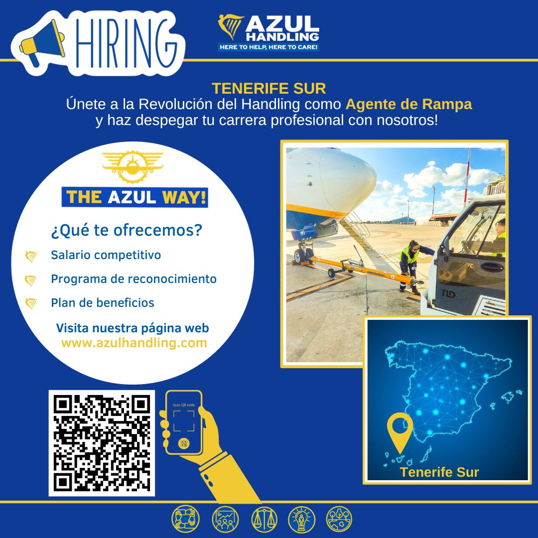 Buscamos a #AgentedeRampa que se unan a nuestro EquipAzul en la base de #TenerifeSur. Visita nuestra página web para más información. ¡Te esperamos!

#theazulway #heretohelpheretocare #fivepillars #OneVision #OneMission #ofertatrabajo #AeropuertoTenerifeSur <a href="/ryanair/">Ryanair</a>