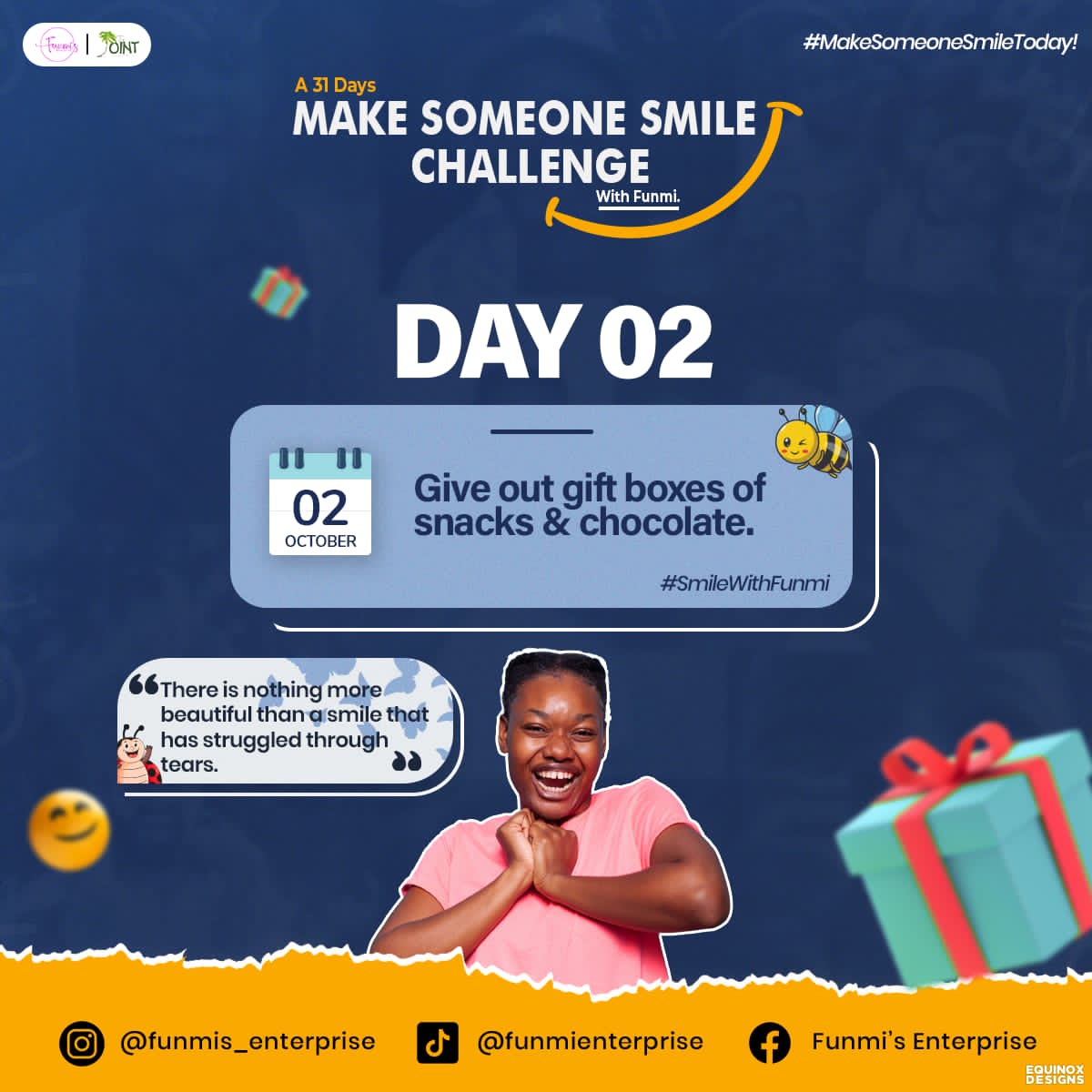 The_TheJoint's tweet photo. Smile October Day 2!🤍
Here's another fun challenge to brighten someone's day: gift out a box of snacks or chocolate (doesn't necessarily have to be in a box). Let's go! #MakeSomeoneSmile https://t.co/9UHjVxzO6M