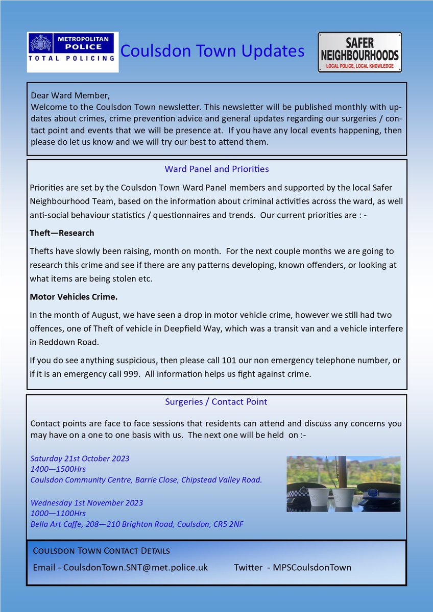 MPSCoulsdon's tweet photo. Please see below the #CoulsdonTown newsletter.  #CommunityPolicing https://t.co/brBHYWywzT