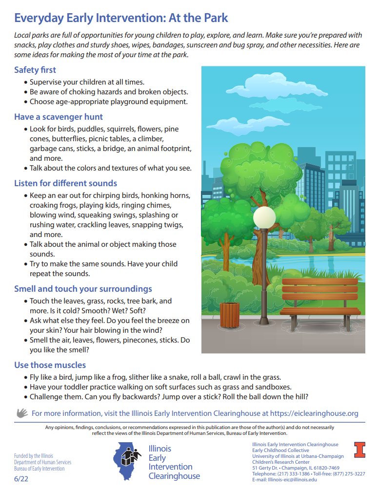 eiclearinghouse's tweet photo. Now that the weather is cooling off from the summer heat, what a great idea to spend some time outdoors on these nice cool days. Our Everyday Early Intervention: At the Park" tip sheet shares tips  - https://t.co/Bbo72L3410 https://t.co/miYh2fTHpR