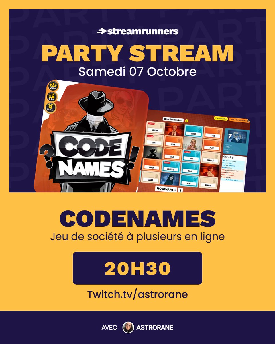 Tu aimes les jeux de société à rôle caché, rejoins-nous Samedi soir à 20h30 pour du “Code Names” Jeu gratuit sur Navigateur. 🪐
Twitch : AstrOrane
Évent StreamRunners : discord.gg/gP9St3B2
🎁 Récompense pour les participants 🎁
#Codenames #streamrunners #codegift #Twitch