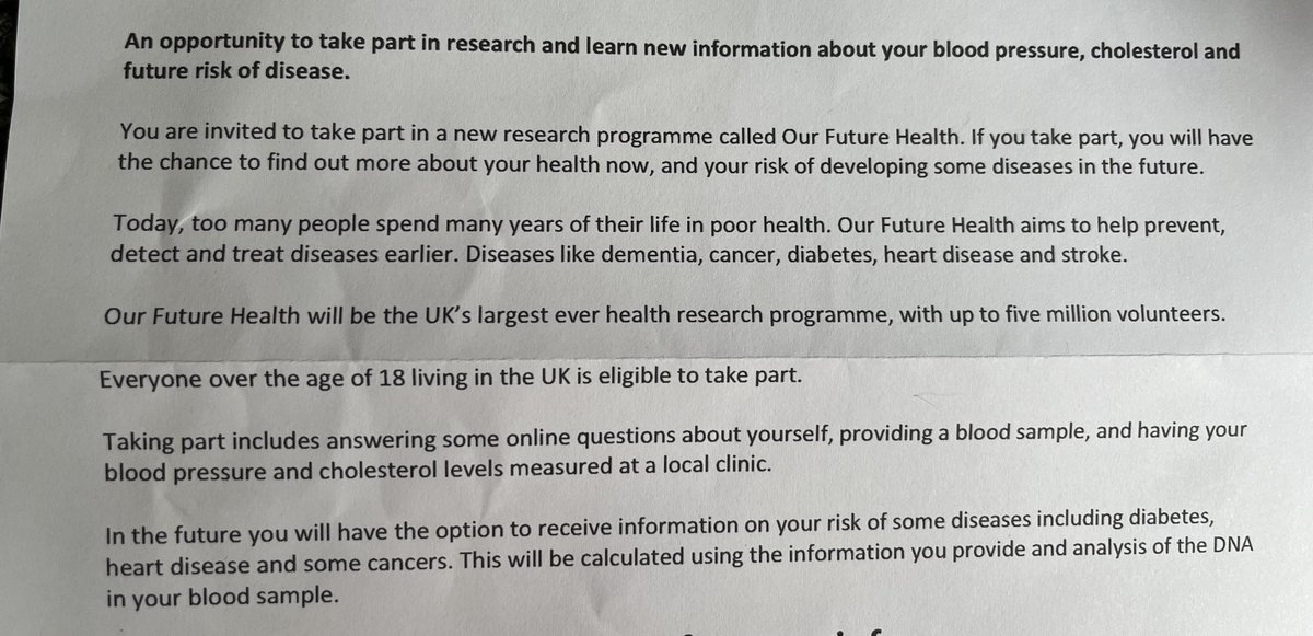 Ok, this has just come through my door and I've never heard of it.

#OurFutureHealth

Smells very much like they're collecting data ready to exclude you from future private healthcare.
I don't trust this corrupt, lying government.
If you think it's dodgy, consider sharing pls.