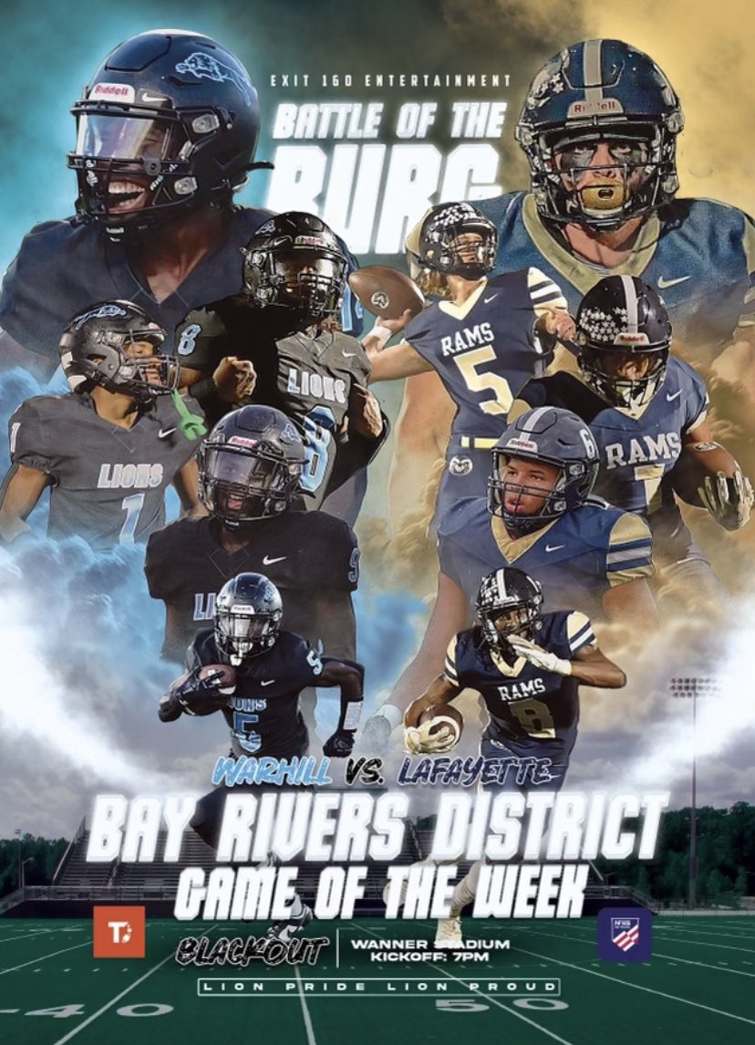 WarhillF's tweet photo. Join the Lions this Friday night as we take on the Lafayette Rams! Theme for the night is BLACKOUT! https://t.co/kvRyG5dAIn