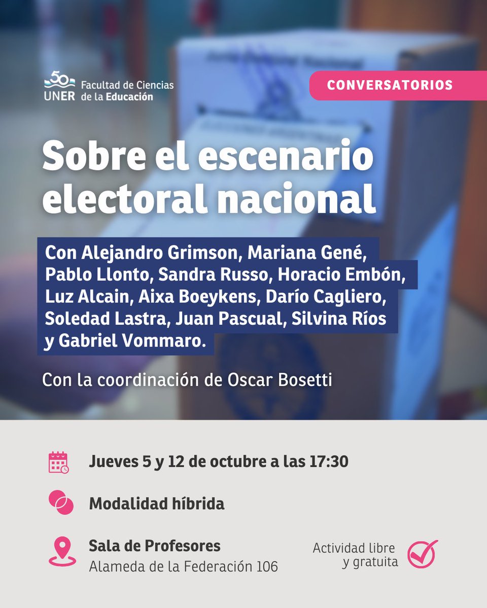 🗳️ Periodistas y cientistas sociales conversarán sobre las cuatro décadas de continuidad constitucional en la Argentina y las encrucijadas frente al contexto político y electoral actual.

🗓️  Jueves 5 y 12/10 en modalidad híbrida 

🔹 Inscribite > cutt.ly/9wbsC2GI