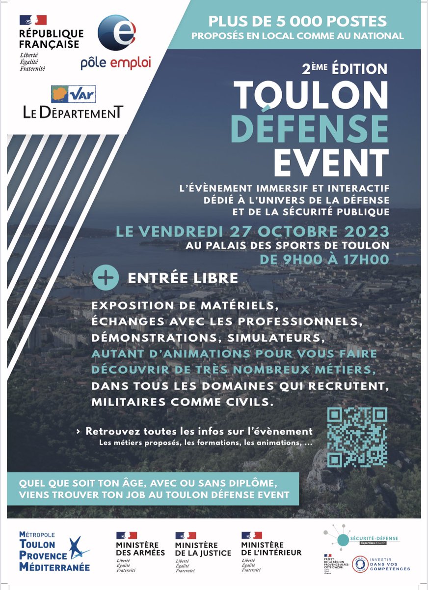 🔵 Le #ToulonDéfenseEvent 🔵
Un #Événement en #EntréeLibre qui propose plus de 5000 opportunités d’emploi, civiles comme militaires ! 
👉Le 27 octobre
👉Au Palais des Sports de #Toulon
👉Sur 3000m2 d’expo
👉Avec 200 intervenants 
📲Pour plus d’infos : urlz.fr/nQzB