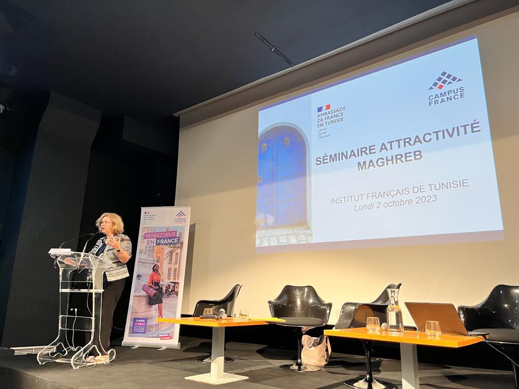 CampusFrance's tweet photo. C'est parti à l’@IFTunis pour le séminaire attractivité Maghreb ! 🌍
👉 Ouverture par Anne Guéguen, Matthieu Peyraud, Patrick Nédellec, Fabrice Rousseau et Donatienne Hissard : 3 jours d'échanges entre les acteurs de l'attractivité de l'ESR français en 🇩🇿🇲🇦 🇹🇳 ! https://t.co/IkqLSsNdiQ