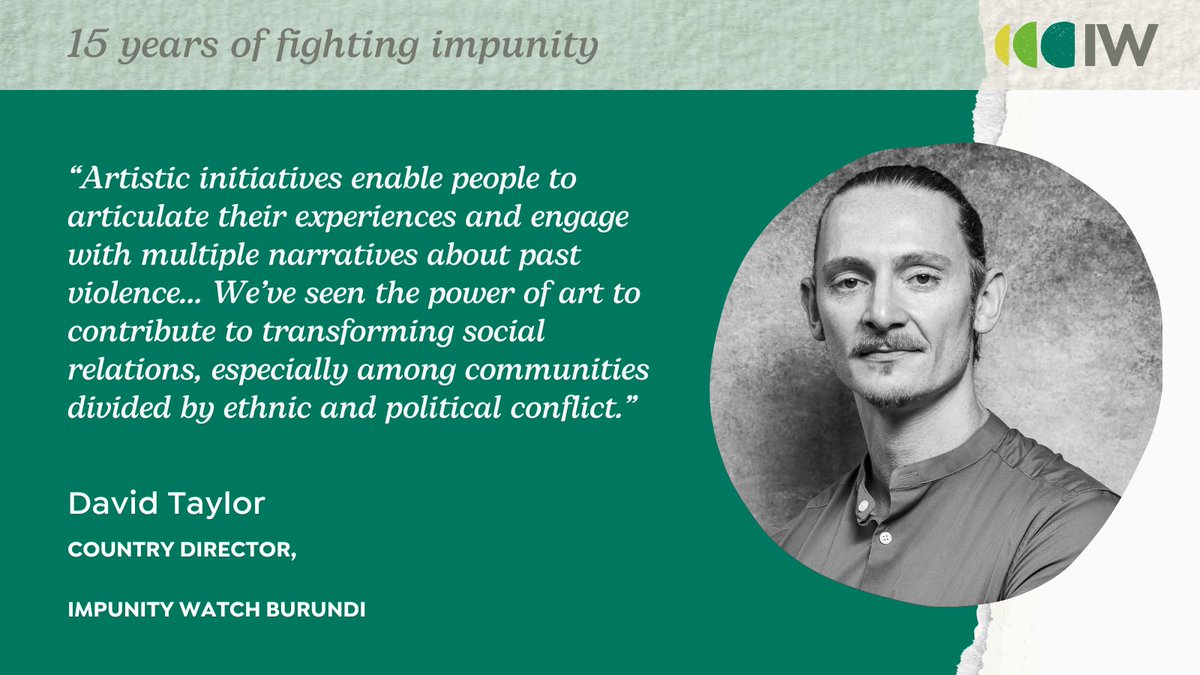 ImpunityWatch's tweet photo. How do you address the past when it’s difficult to speak about it?

Tomorrow, David Taylor (country director, Impunity Watch #Burundi) will show us how #art initiatives help #fightimpunity and transform social relations.

🎟️https://t.co/gd2Qd1q8xv
🎞️https://t.co/ukqi0nDqRK https://t.co/YLCkbDkGF2