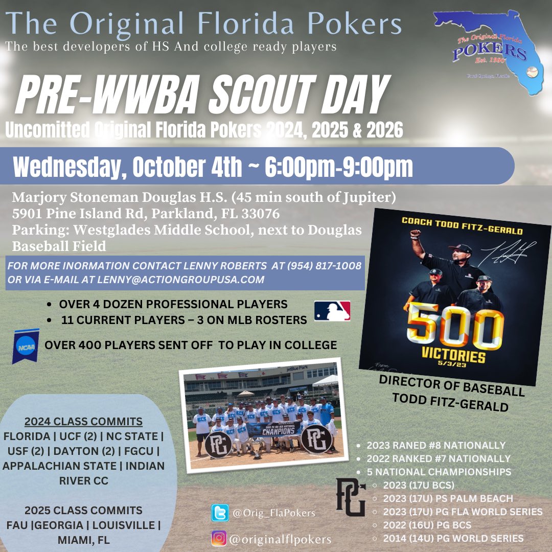 Original FL Pokers 2024 (@orig_flpokers24) on Twitter photo Over 30 UNCOMMITTED (2024/2025/2026) players attending this Original Fl. Pokers Only event at Stoneman Douglas HS.  Many confirmed Coaches attending!!  Don’t miss out on this controlled event!  Hope to see you there.  <a href="/orig_flpokers/">Original Florida Pokers</a> <a href="/coachFitz17/">Coach Fitz</a> <a href="/VonStertz/">Von Stertzbach</a> <a href="/roberts_lenny/">Lenny Roberts</a> Over 30 UNCOMMITTED (2024/2025/2026) players attending this Original Fl. Pokers Only event at Stoneman Douglas HS.  Many confirmed Coaches attending!!  Don’t miss out on this controlled event!  Hope to see you there.  <a href="/orig_flpokers/">Original Florida Pokers</a> <a href="/coachFitz17/">Coach Fitz</a> <a href="/VonStertz/">Von Stertzbach</a> <a href="/roberts_lenny/">Lenny Roberts</a>