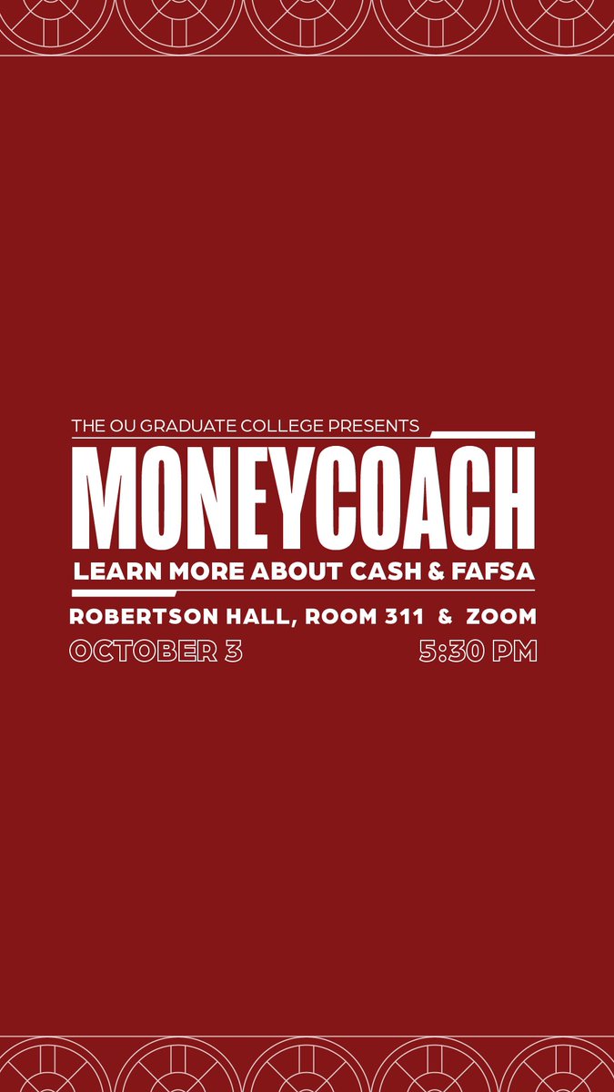Looking for graduate school funding options? 🔍 
🗓️Tomorrow- Oct. 3
⏰5:30 pm CT
A MoneyCoach workshop in Robertson Hall, room 311, 𝐨𝐫 via Zoom.
We’re covering CASH Scholarships, FAFSA changes, and tips on paying for grad school.
<a href="/OUFinancialHelp/">OU Student Financial Center</a>
tr.ee/s5Pq7LKU1v