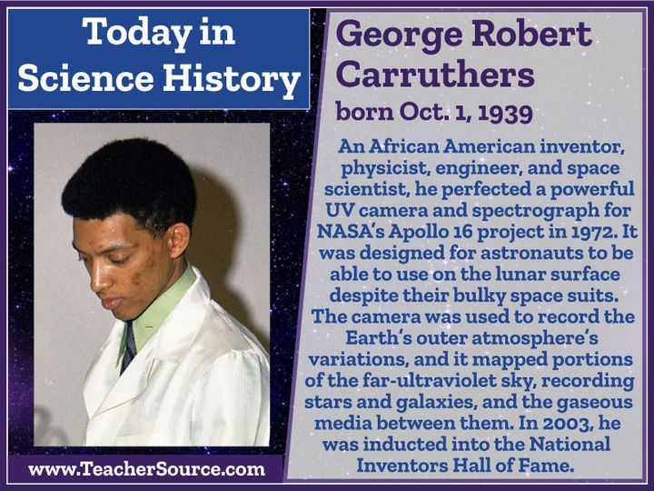 Born 1 October 1939 George Robert Carruthers. <a href="/BlackPhysicists/">BlackPhysicists</a>