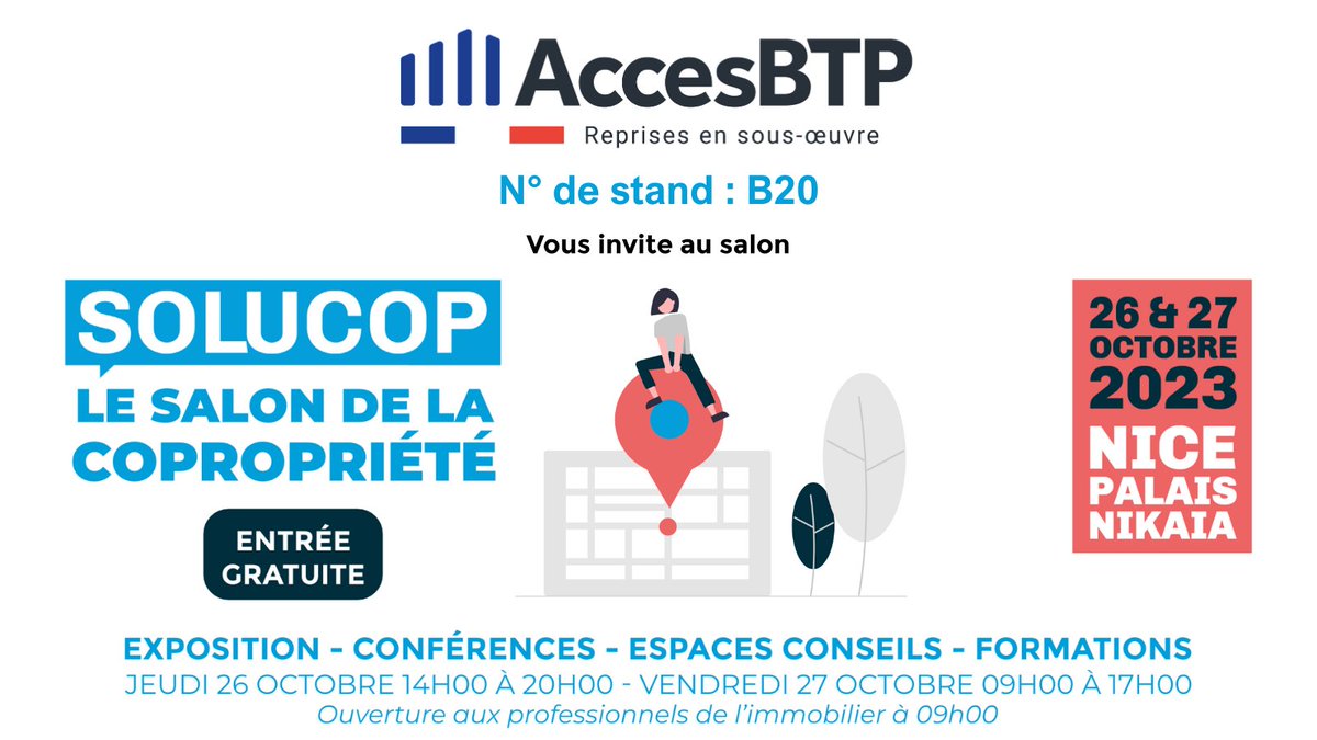 BtpAcces's tweet photo. ❗️Annonce spéciale❗️

AccesBTP au Salon Solucop Nice 2023 !
👉les 26 et 27 octobre au Palais NIKAIA Nice. 
Découvrez les dernières innovations en stabilisation de sols, fondations et dallage au stand B20. 

Nous vous attendons nombreux ! 
#SolucopNice2023 #StandB20 #AccesBTP https://t.co/fOzzTXOhew