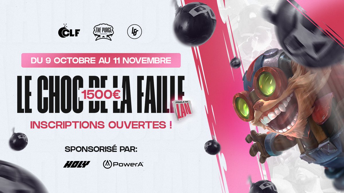 Plus explosif que jamais, Le Choc de La Faille revient pour une troisième édition! 💥 💸1500€ à gagner 🗓️9 octobre - 11 novembre 🔥Finale en LAN à Paris! 🤝Sponsorisé par @holysquad_fr @PowerA 📝Pour en savoir plus / pour t'inscrire, c'est par ici: discord.gg/wildriftfr