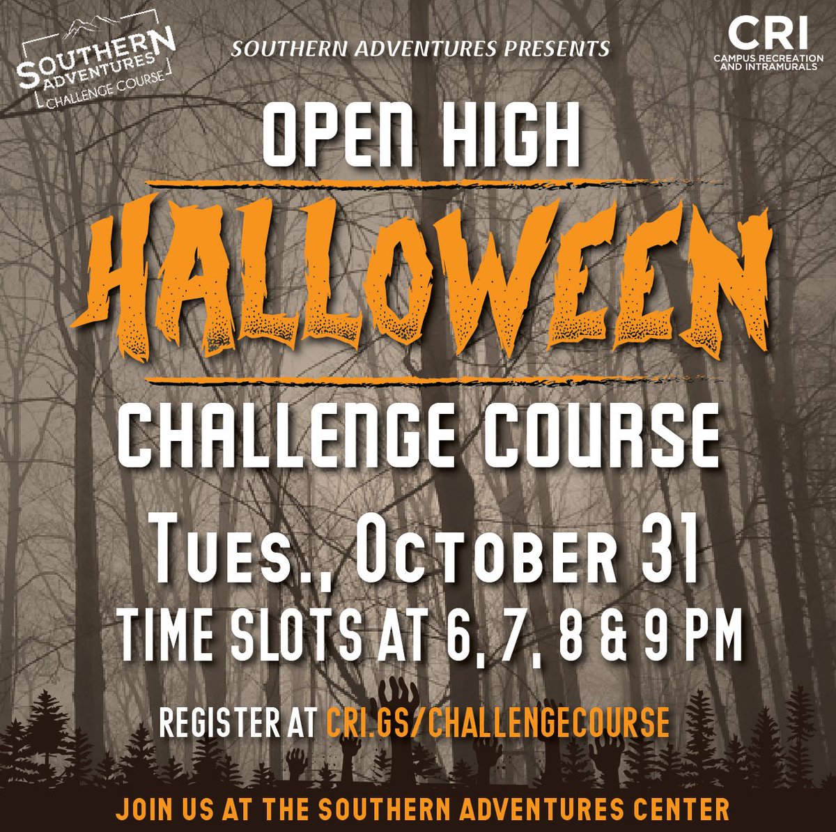 Happy Halloween Eagles! Southern Adventures is offering their Halloween Open High TONIGHT! This is your opportunity to expereince our High Ropes Challenge Course. Sign up at cri.gs/challengecourse for a SPOOKY time! #RACLife