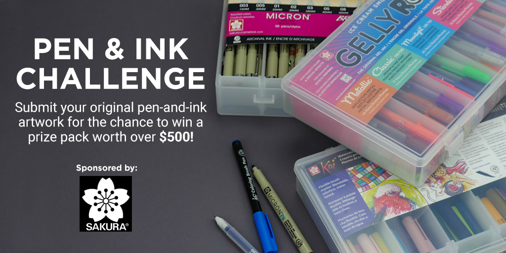 🖊️✨ Enter the Pen &amp; Ink Challenge! Submit a photo of your original pen &amp; ink artwork for the chance to WIN a prize pack worth over $500, sponsored by our friends at Sakura! Open to US residents, 18+. Limit one entry per artist. Learn more details here 👉