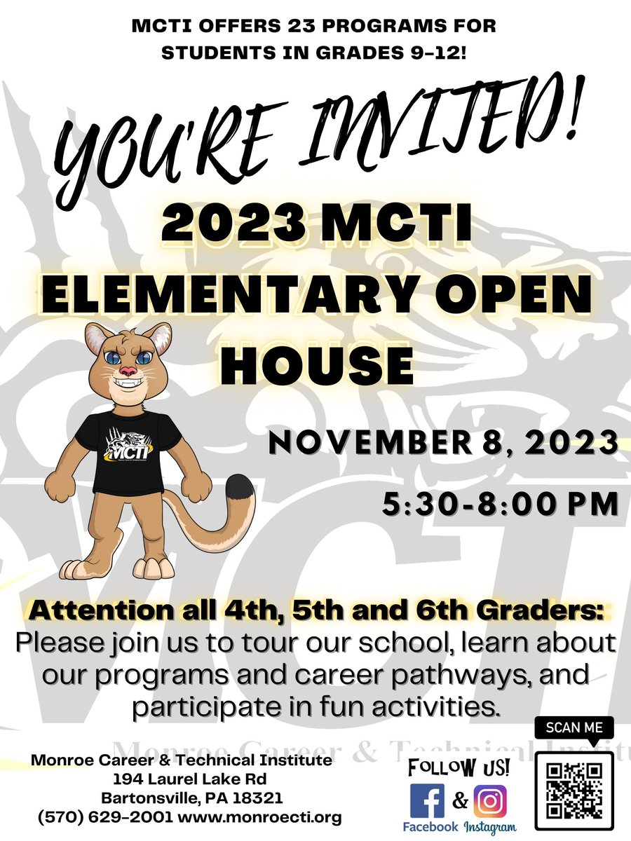 monroe_cti's tweet photo. ATTENTION Parents of 4th, 5th, &amp; 6th grade students! Please save the date for MCTI's 2023 Elementary Open House!
*Snow Date: November 9th* https://t.co/0HpxCmcc9o