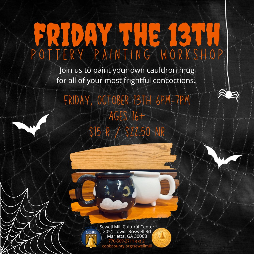 sewell_mill's tweet photo. Happy October! Don't miss out on signing up for our frightfully fun pottery painting workshops for kids and adults. Space is limited, so register online at https://t.co/Z5wR7fkq3N or by calling 770-509-2711 ext 2. 
#cobbarts #cobbparks #fridaythe13th #cauldronmug https://t.co/nnCjl5JvDD