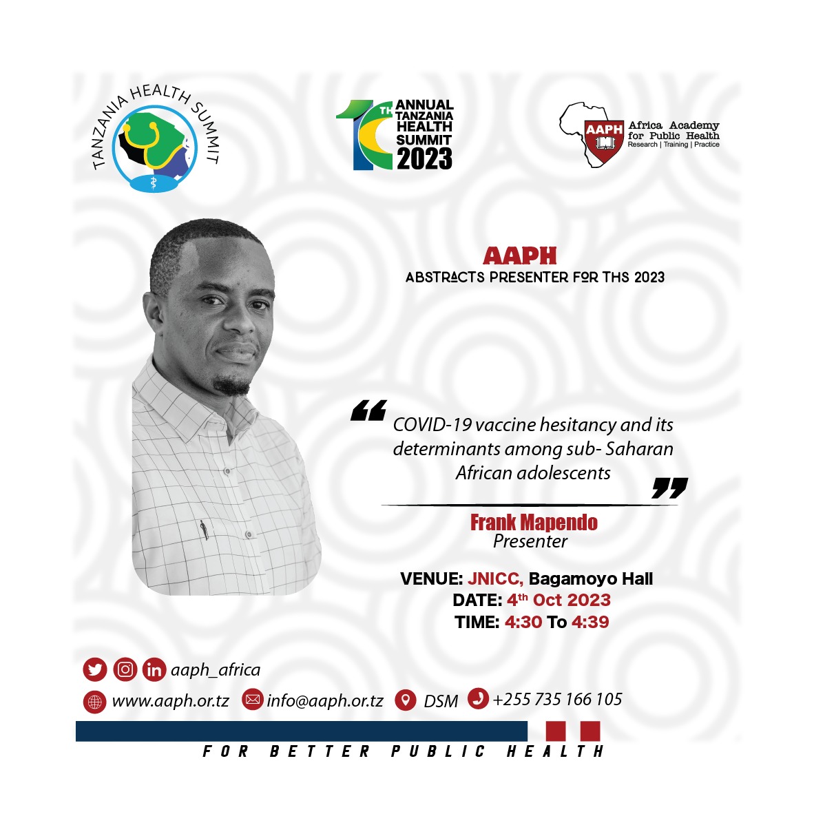 AAPH_Africa's tweet photo. #AAPH_Africa at the #THS2023 @TzHealthSummit
#ForBetterPublicHealth #ARISE_Network
#Adolescent_Health #Mental_Health #Nutrition #Sexual_Reproductive_Health #Data_Quality https://t.co/SshtpjCm3E