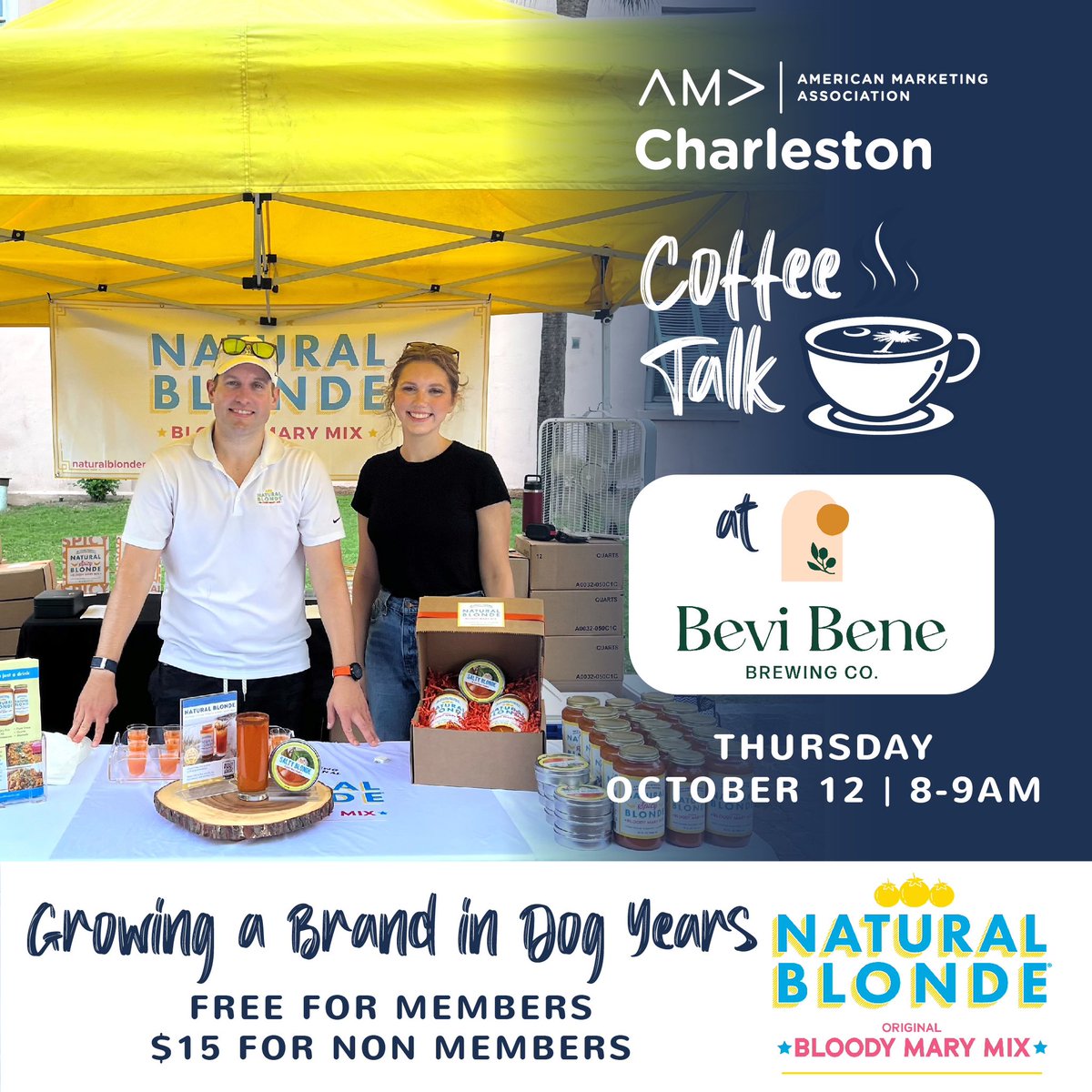 Join us for our Oct Coffee Talk on 12th with Scott Grabner, Executive VP and Part Owner of Natural Blonde Mix!

Thurs 10/12 8-9 AM
Bevi Bene Brewing Co.
1859 Summerville Avenue Ste 100, Charleston, SC 29405. 

🔗: linktr.ee/charlestonama