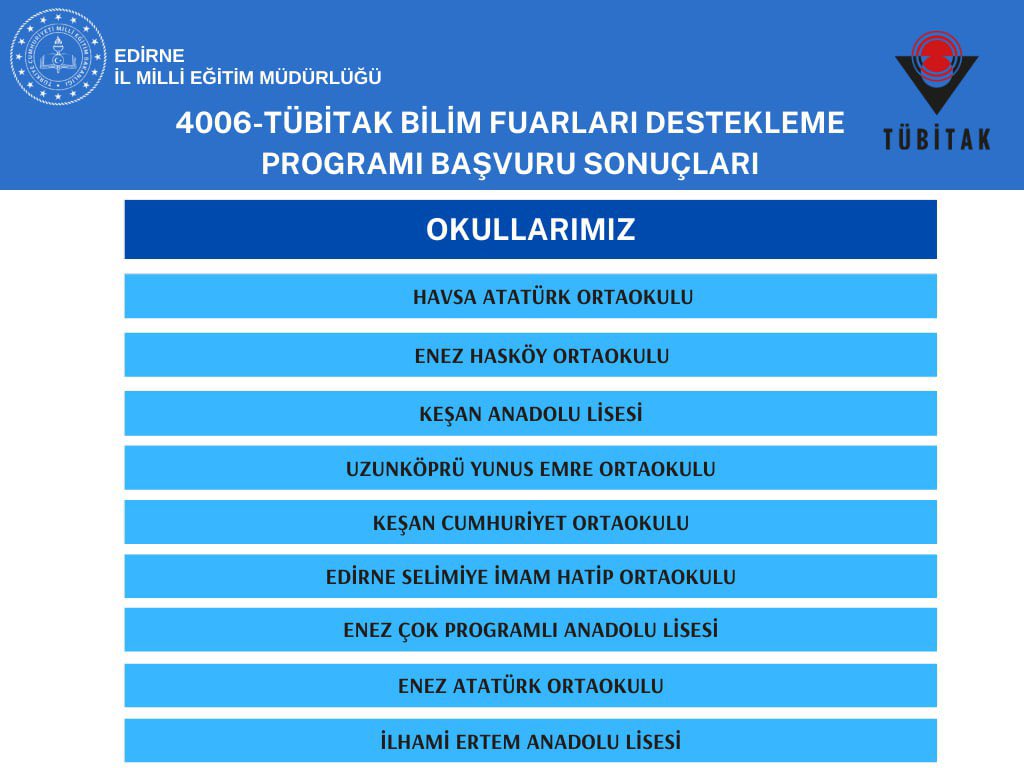 4006-TÜBİTAK Bilim Fuarları Destekleme Programı Başvuru Sonuçları Açıklandı.

Projesi kabul edilen İlimiz okullarını tebrik eder, başarılarının devamını dileriz.

<a href="/tcmeb/">Millî Eğitim Bakanlığı</a> <a href="/Tubitak/">TÜBİTAK</a> <a href="/edirne_valiligi/">Edirne Valiliği</a> <a href="/Dr_Onderarpaci/">Dr. Önder ARPACI</a>