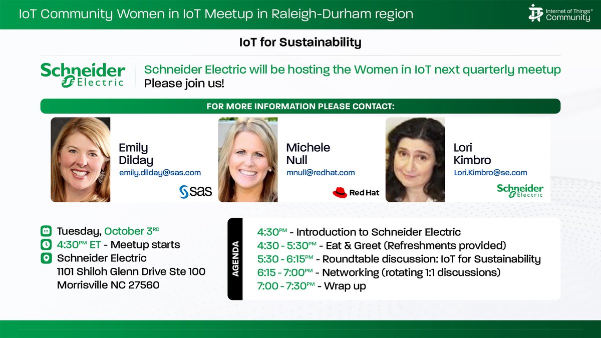 Tomorrow join @IoTCommunity Women in IoT Meet-up as @ScheiderElec plays host to this #WIoTCoE event. Tues Oct 3rd at 4:30 ET, Morrisville Raleigh-Durham. To register your interest please sign up on the link below. linkedin.com/events/7107031… #IoTCommunity #IoT #IIoT #Sustainability