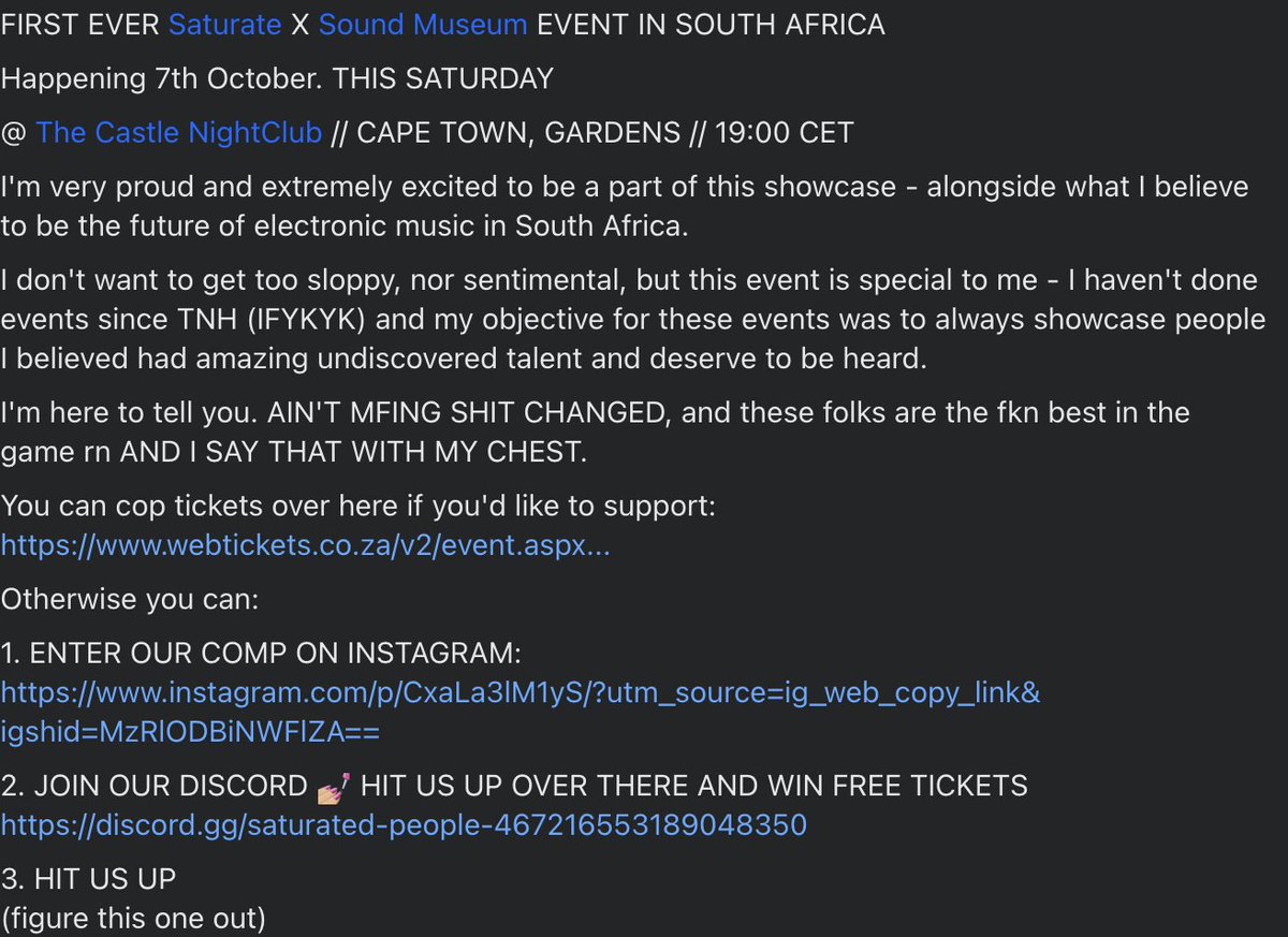 THIS WEEKEND WE MAKE HISTORY 

<a href="/SATURATERECORDS/">SATURATE!</a> x <a href="/SoundMuseummm/">Sound Museum</a> (w/ <a href="/RubricateRecord/">Rubricate Records</a> x #Club101) 

Pres. FOLDBACK 

7.10.23 // SATURDAY // THE CASTLE NIGHTCLUB, CAPE TOWN, GARDENS

GET TIX HERE: 
rb.gy/vfk6d 

#Rave #drumandbass #capetown #grime #futurebeats #hyphy