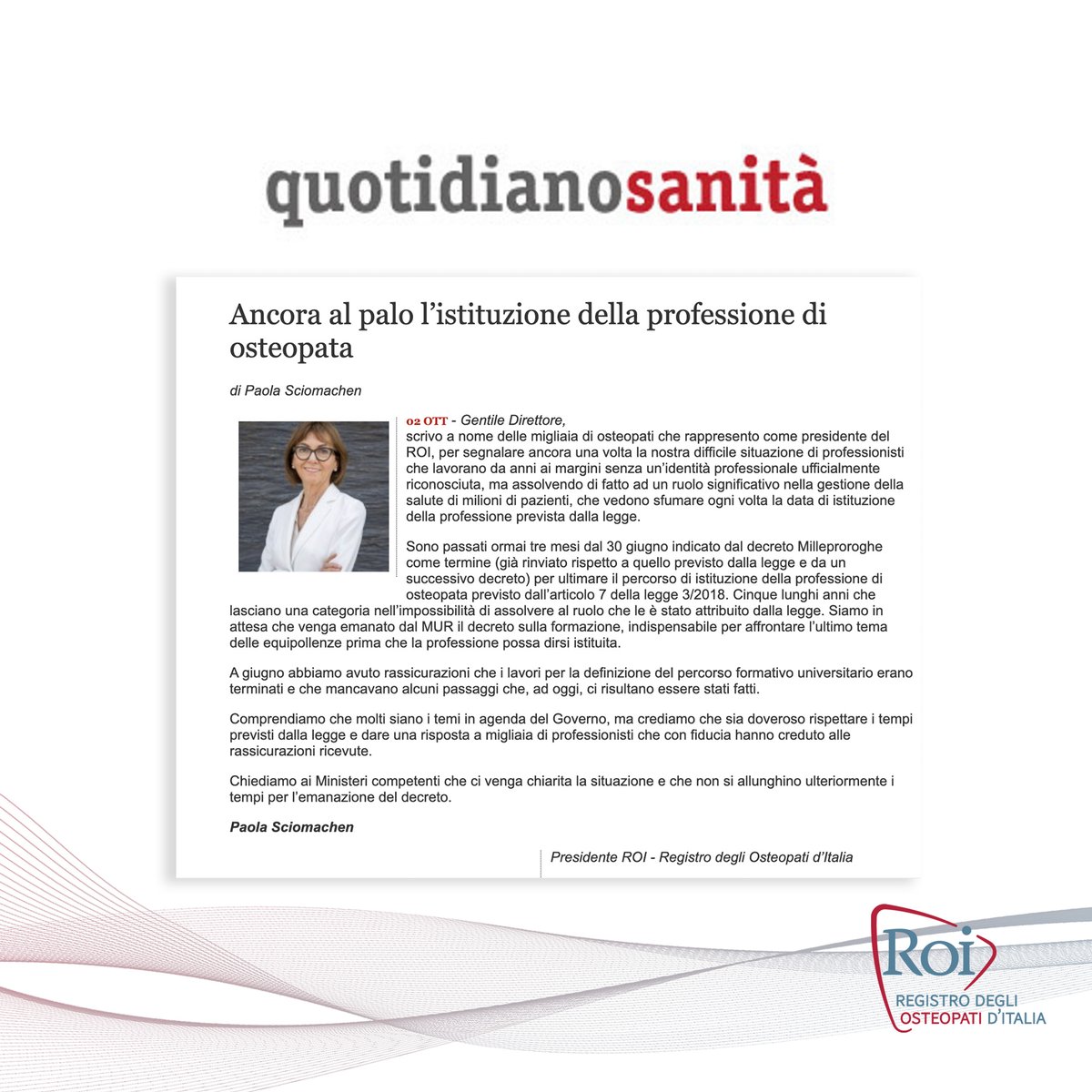 Gli #osteopati non possono più aspettare!
#osteopatia #decretosubito

quotidianosanita.it/lettere-al-dir…

<a href="/fabiorampelli/">Fabio Rampelli</a>
@ndreamascaretti
<a href="/MauroDattis/">Mauro D'Attis</a>
<a href="/GSottanelli/">Giulio Sottanelli</a>
<a href="/NickyMatteoni/">Nicole Matteoni ن</a>
<a href="/giorgiomule/">Giorgio Mulè</a>
<a href="/MarcoPerissa/">Marco Perissa</a>
<a href="/NicoStumpo/">nico stumpo</a>
<a href="/F_Ciancitto/">Francesco Ciancitto</a>
<a href="/AnnaritaPatriar/">Annarita Patriarca</a>
<a href="/immavietri69/">Imma Vietri</a>