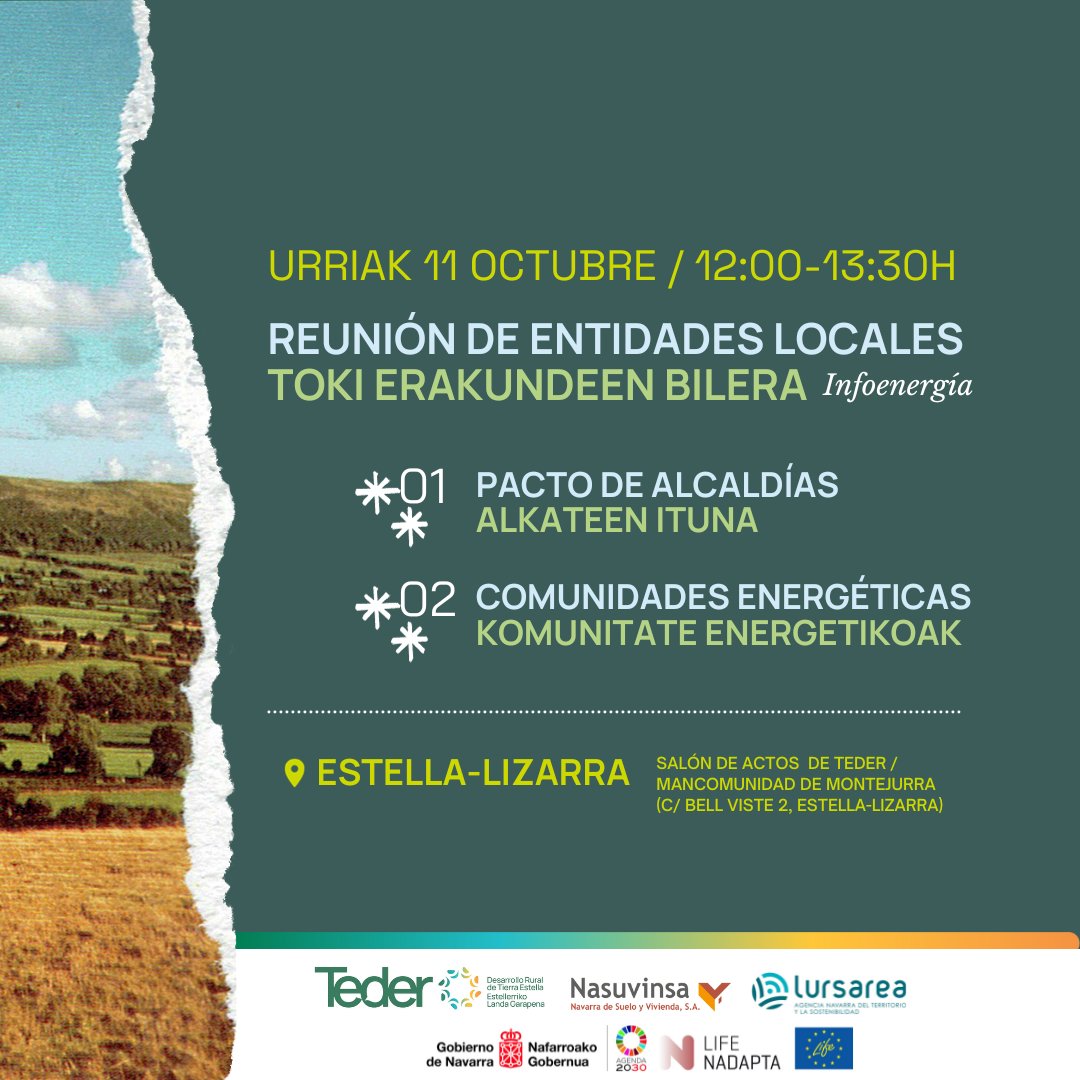 Reunión para Entidades Locales:
✅ Pacto de Alcaldías
✅ Comunidades energéticas
📆 Miércoles 11 de octubre
👉 De 12:00h. a 13:30h.

Inscripciones: teder.org/reunion-para-e…

#pactodealcaldías #tierraestella #paces #comunidadesenergeticas
 #life_ip_nadapta_cc @LIFE_NAdapta_CC