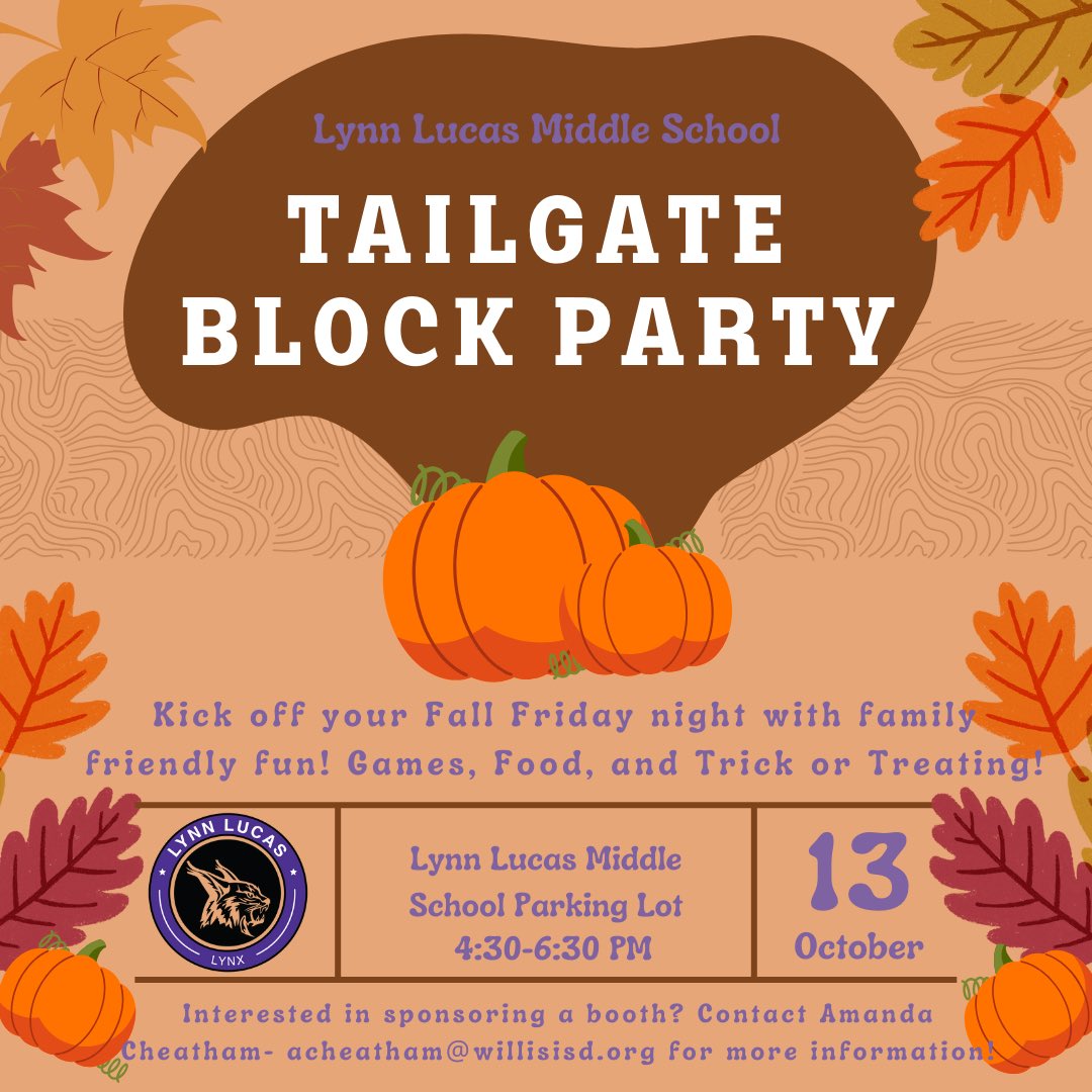 It’s almost time to block party with <a href="/LLMSLynx/">Lucas Middle School</a>! We will have over 20 community vendors, trunk or treating, and so much more!
