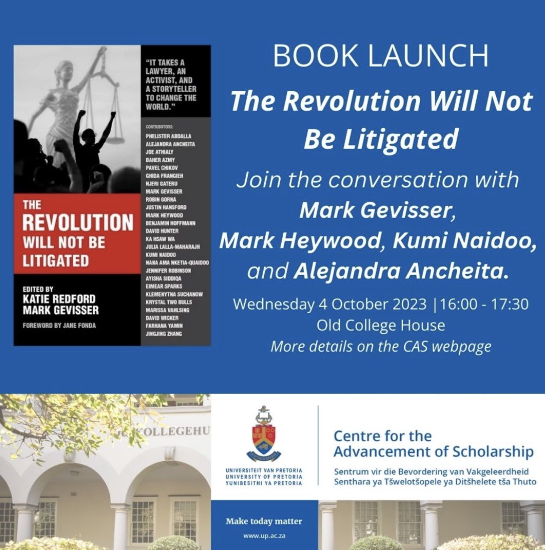 Join me, #MarkHeywood, <a href="/MarkGevisser/">Mark Gevisser</a> and #AlejandraAncheita at <a href="/UPTuks/">University of Pretoria</a> this Wednesday for the book launch of #TheRevolutionWillNotBeLitigated 

🗓️: Wednesday, 4 October 2023 
📍: Old College House, <a href="/UPTuks/">University of Pretoria</a> 
🕓:16:00-17:30 

Hope to see you there! 

<a href="/TuksFM1072/">TUKS FM 107.2</a> @tuks