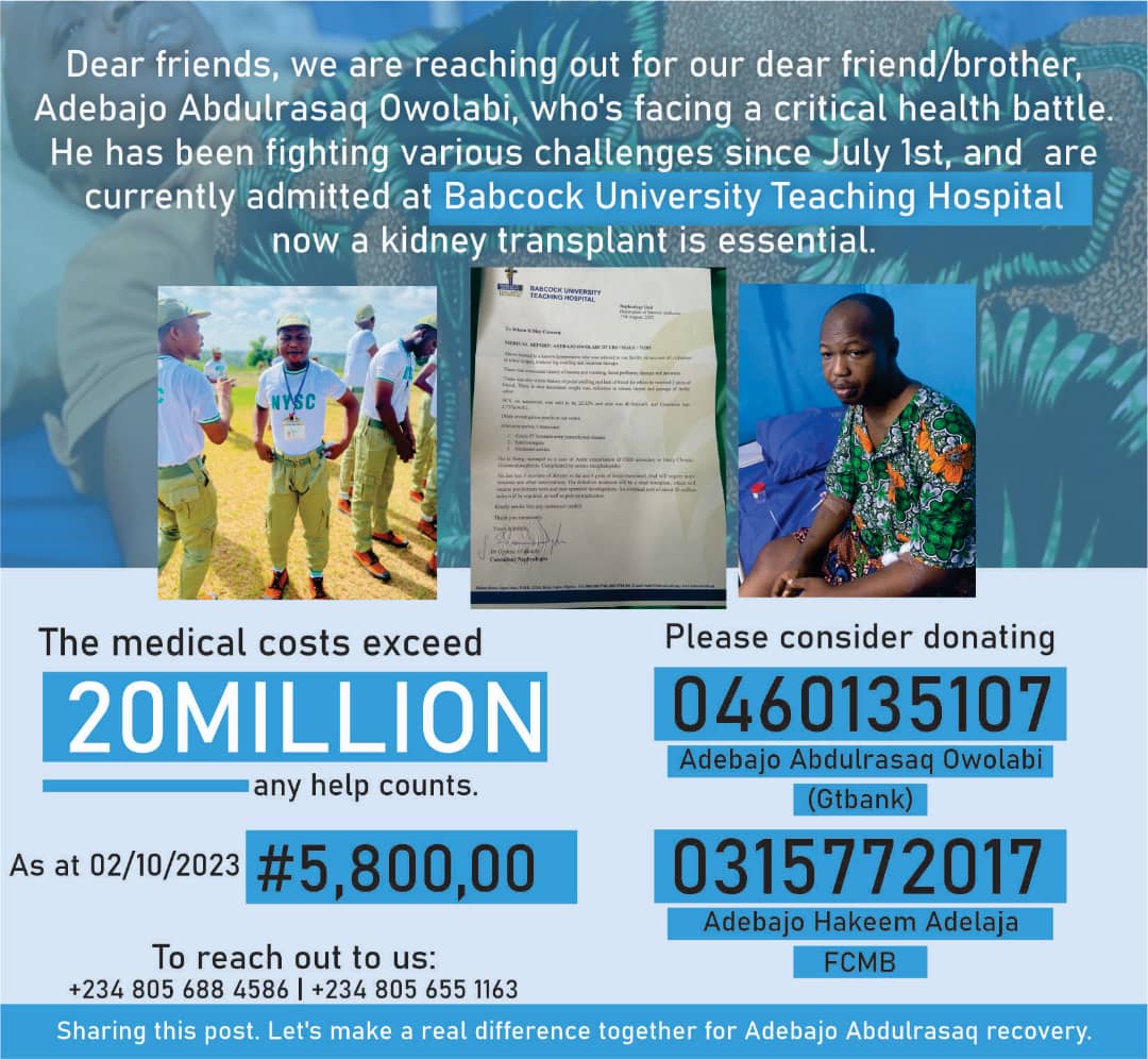 Dear Supporters,

Meet ABDULRASAQ, a generous soul facing a life-threatening battle with kidney failure.

We need your help to fund his life-saving kidney transplant. Your contribution, no matter the size, can make a life-changing impact.