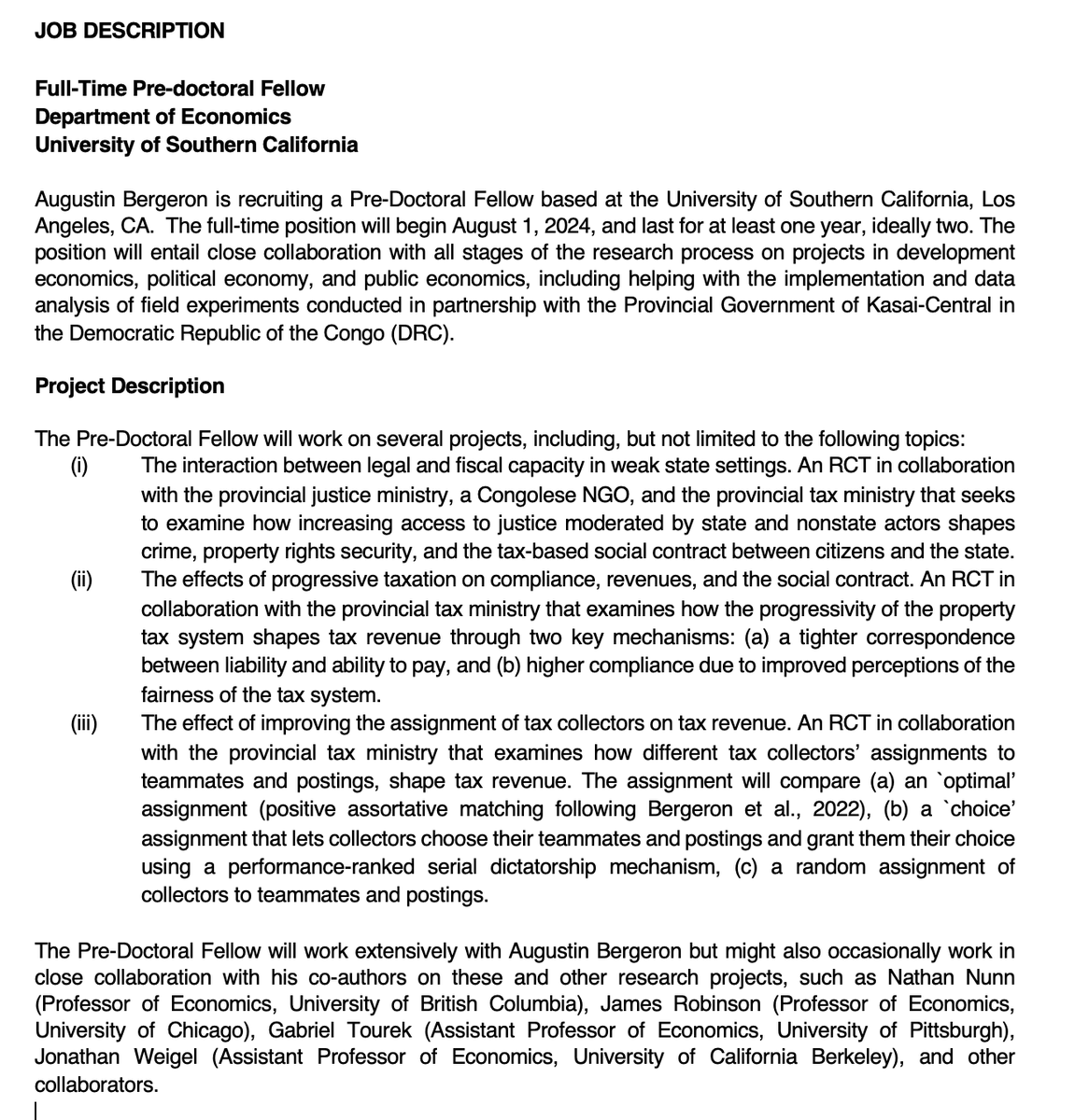 Augustin Bergeron (@abergeron_econ) on Twitter photo Looking for a pre-doc to work with me and my co-authors on projects based in the DR Congo aimed at increasing tax capacity and fostering accountability. #predoc <a href="/econ_ra/">Econ RA Listings</a> <a href="/predoc_org/">PREDOC.org</a>
Deadline Dec 15th.
Please share, retweet, and apply š Looking for a pre-doc to work with me and my co-authors on projects based in the DR Congo aimed at increasing tax capacity and fostering accountability. #predoc <a href="/econ_ra/">Econ RA Listings</a> <a href="/predoc_org/">PREDOC.org</a>
Deadline Dec 15th.
Please share, retweet, and apply š