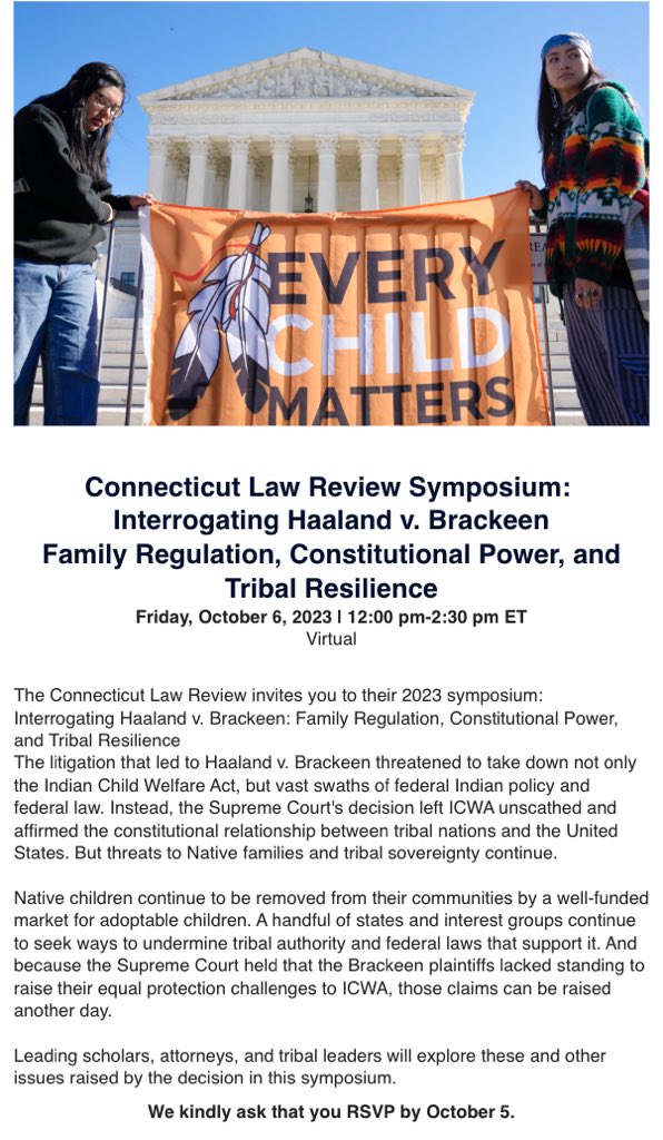 Friday, October 6th at 12-2pm leading scholars, attorneys, and tribal leaders will be exploring issues raised by the decision in Haaland V Brackeen. For more information and to rsvp for this virtual event click the link in our bio!