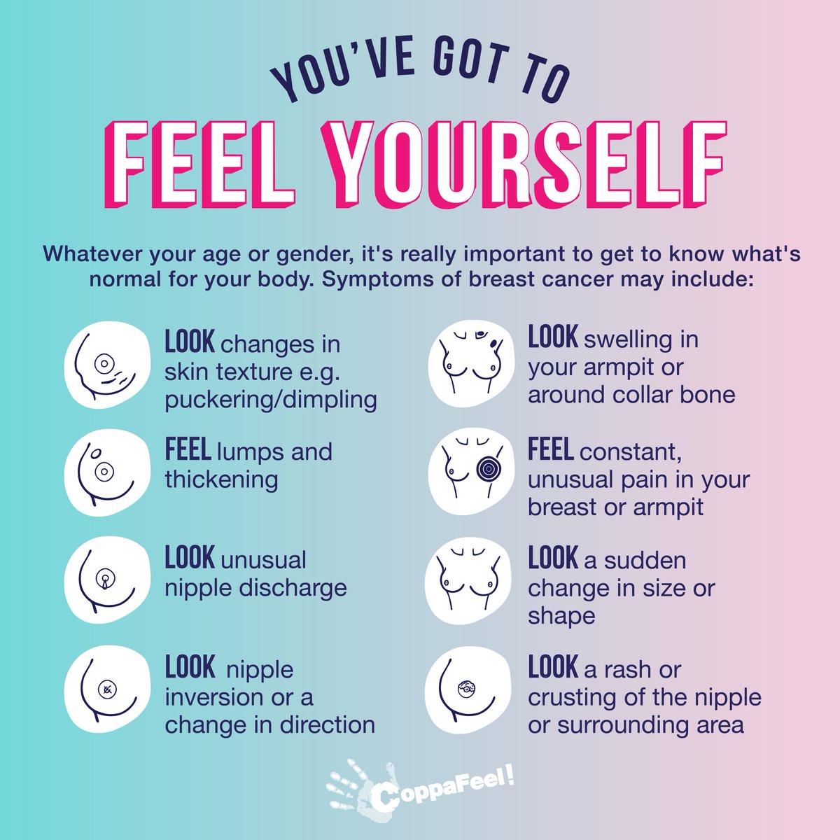 You've got to ✨ feel yourself! ✨ Be aware of the signs and symptoms of breast cancer to look out for. Some of these changes may occur naturally with your cycle and can be perfectly normal. If in doubt, get it checked out. Head to coppafeel.org for more info.