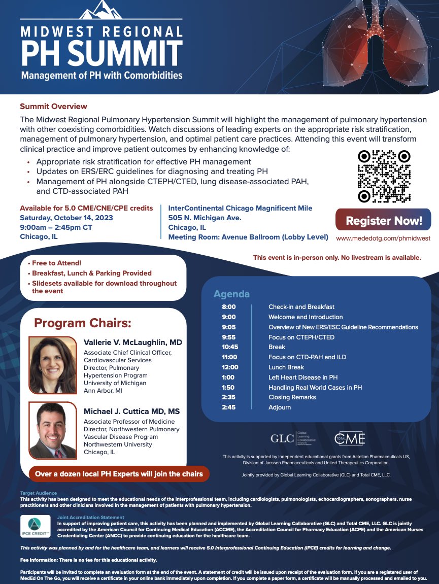 Midwestern #pulmonaryhypertension HCPs: Join PH leaders &amp; peers Sat., 10/14, 9am-3pm CT in Chicago to explore disease management w/comorbidities. Sign up here: mededonthego.com/phmidwest #CME <a href="/CutticaMike/">Mike Cuttica</a> <a href="/umichmedicine/">Michigan Medicine</a> <a href="/UMichiganNews/">Michigan News</a> <a href="/ValMcLaughlinMD/">Vallerie McLaughlin</a> <a href="/umichCVC/">U-M Health Frankel CVC</a>